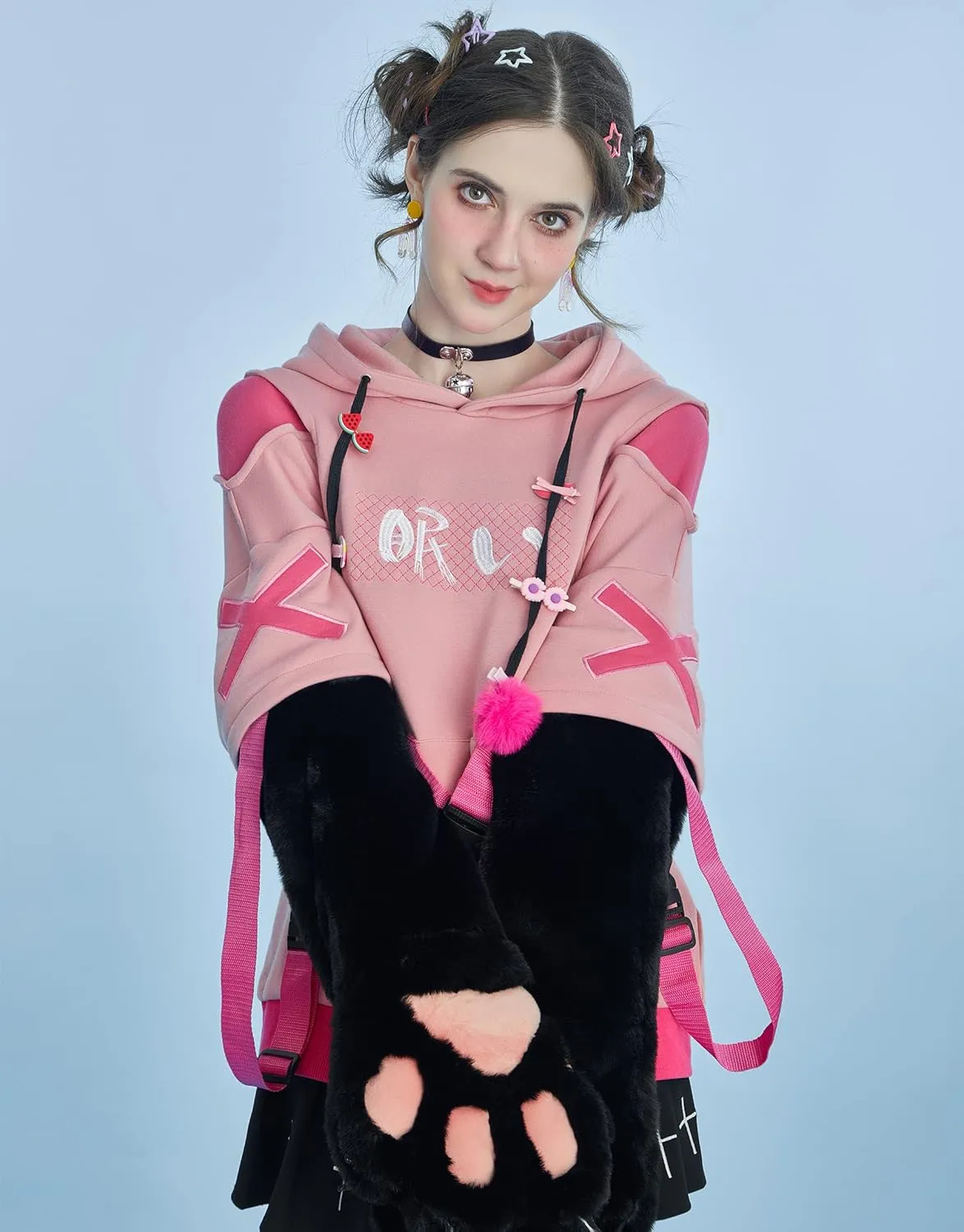 Womens Pullover Hoodie with Detachable Bag Design Furry Cat Paw Gloves