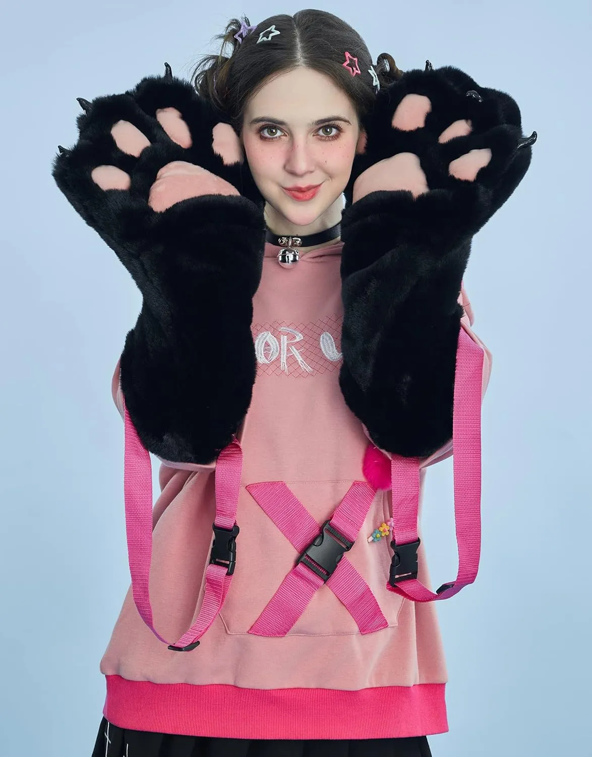Womens Pullover Hoodie with Detachable Bag Design Furry Cat Paw Gloves
