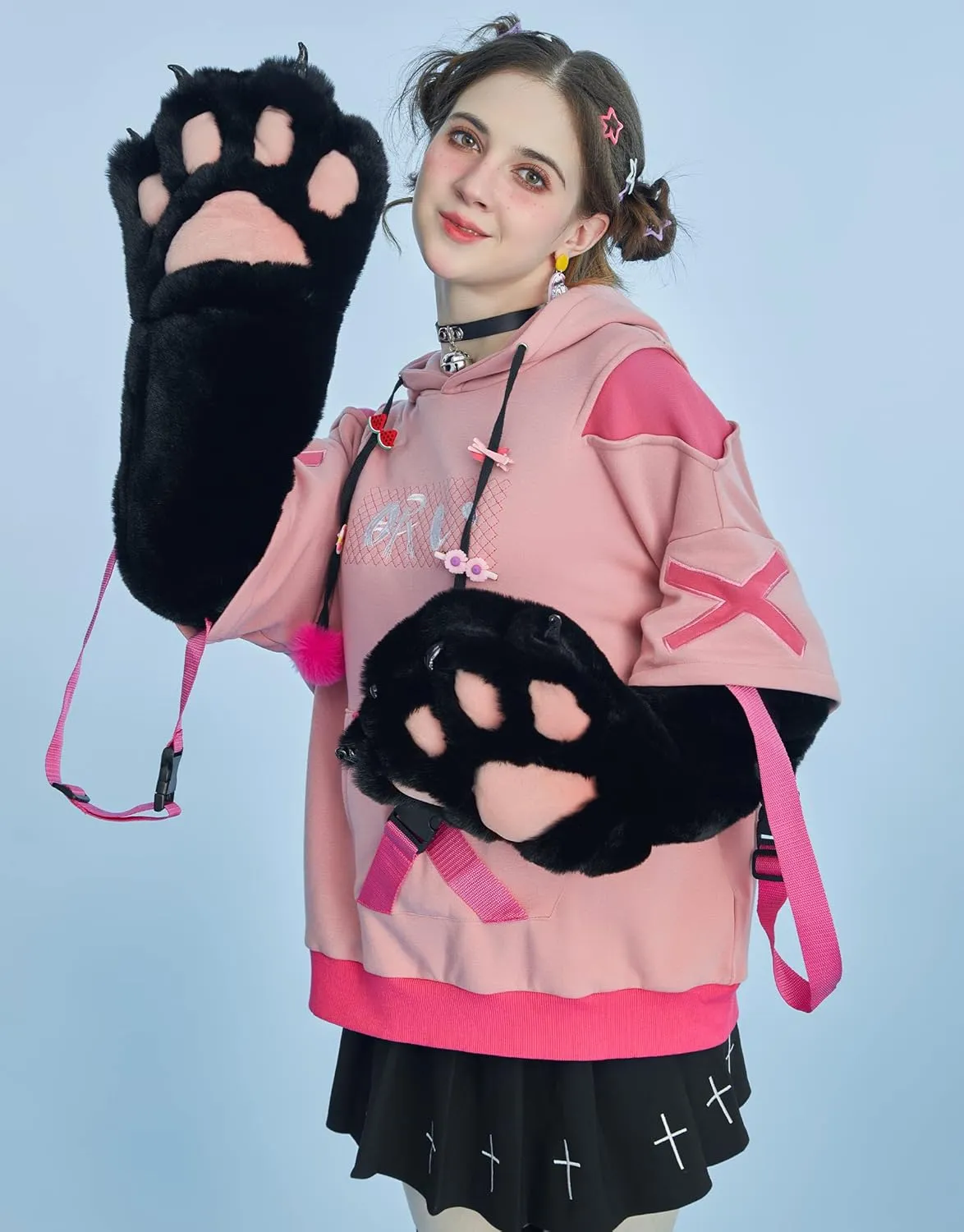 Womens Pullover Hoodie with Detachable Bag Design Furry Cat Paw Gloves