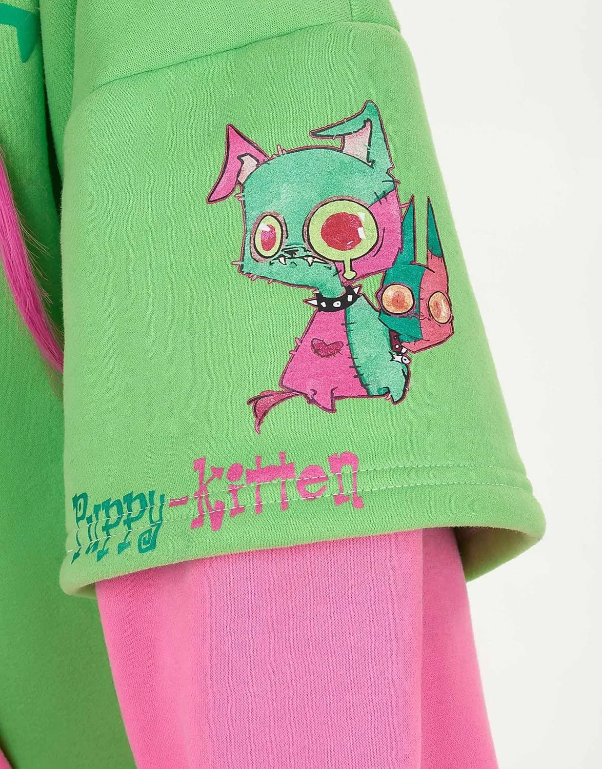 Womens Pullover Hoodie with Detachable Bag Furry Paw Design Gloves Green Pink Hoodie