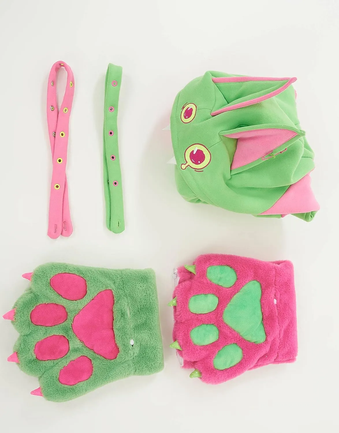 Womens Pullover Hoodie with Detachable Bag Furry Paw Design Gloves Green Pink Hoodie
