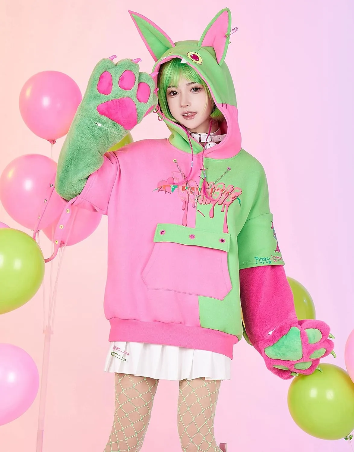 Womens Pullover Hoodie with Detachable Bag Furry Paw Design Gloves Green Pink Hoodie
