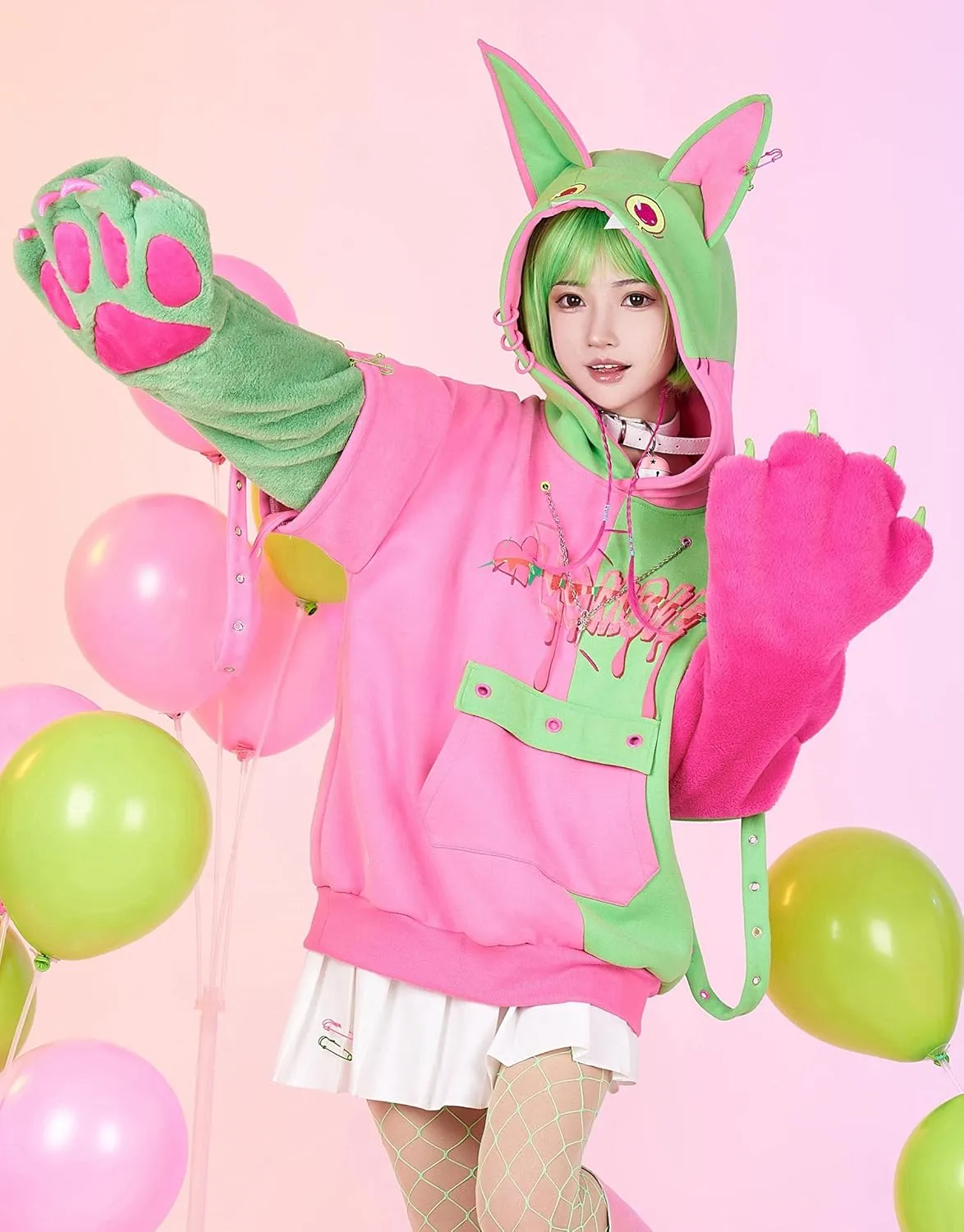 Womens Pullover Hoodie with Detachable Bag Furry Paw Design Gloves Green Pink Hoodie