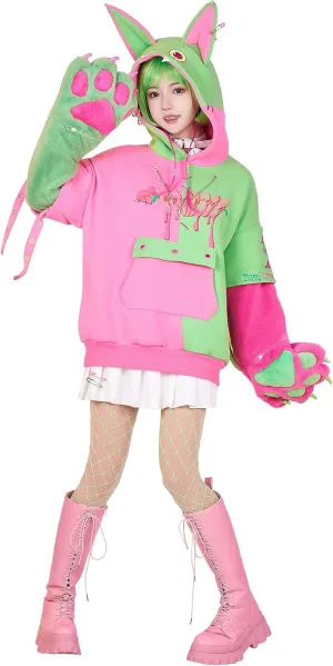 Womens Pullover Hoodie with Detachable Bag Furry Paw Design Gloves Green Pink Hoodie