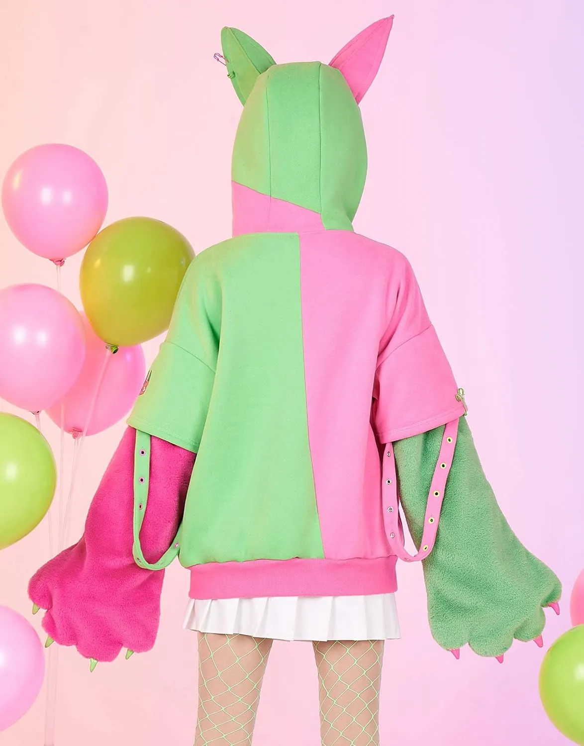 Womens Pullover Hoodie with Detachable Bag Furry Paw Design Gloves Green Pink Hoodie