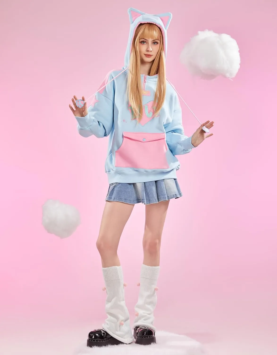 Women's Pullover Hoodie with Detachable Furry Cat Paw Gloves and Handbag Dual-purpose Designed Sleeve