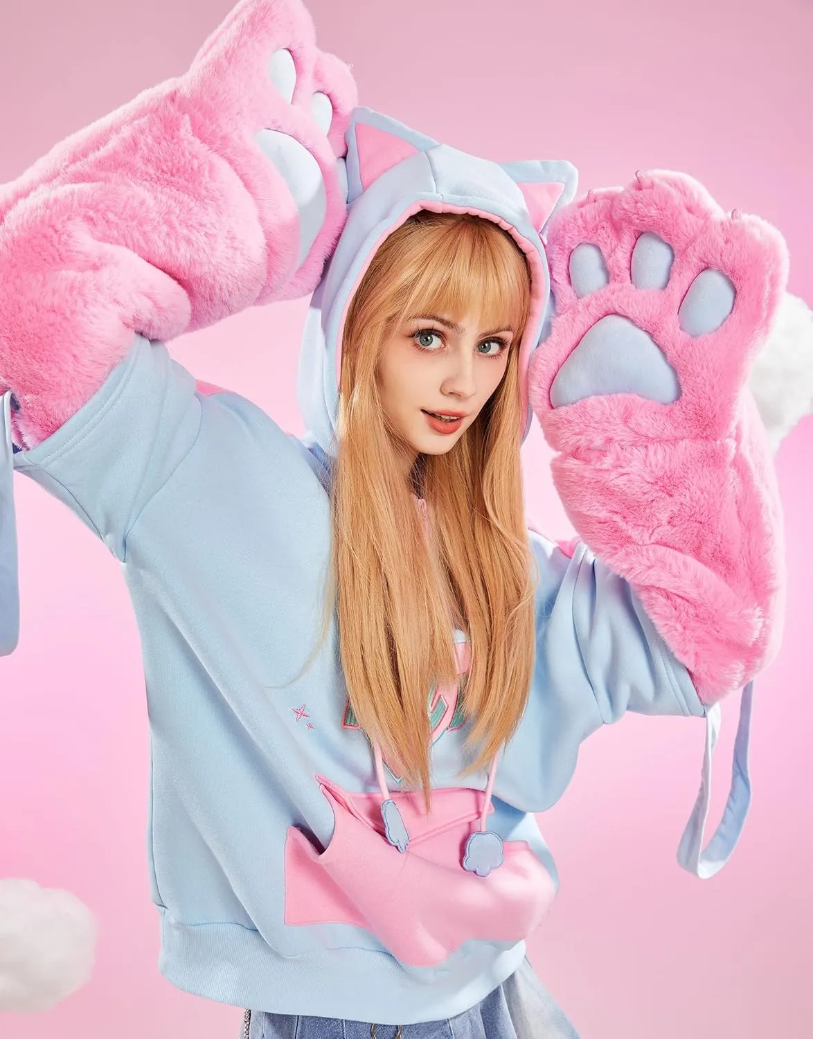 Women's Pullover Hoodie with Detachable Furry Cat Paw Gloves and Handbag Dual-purpose Designed Sleeve