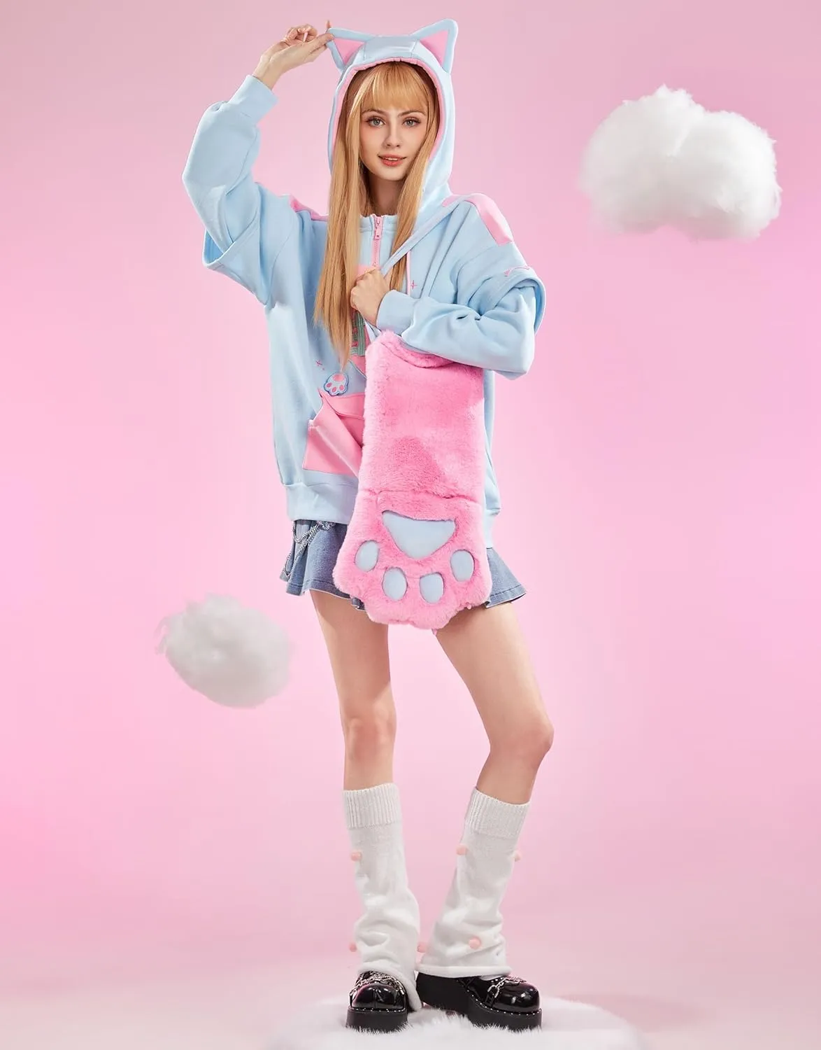 Women's Pullover Hoodie with Detachable Furry Cat Paw Gloves and Handbag Dual-purpose Designed Sleeve
