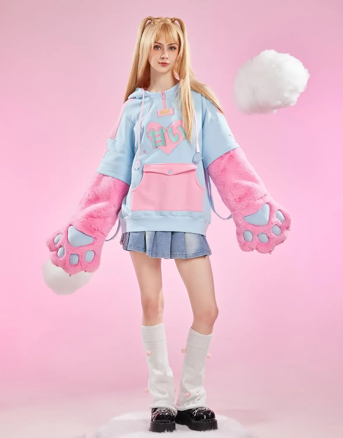 Women's Pullover Hoodie with Detachable Furry Cat Paw Gloves and Handbag Dual-purpose Designed Sleeve