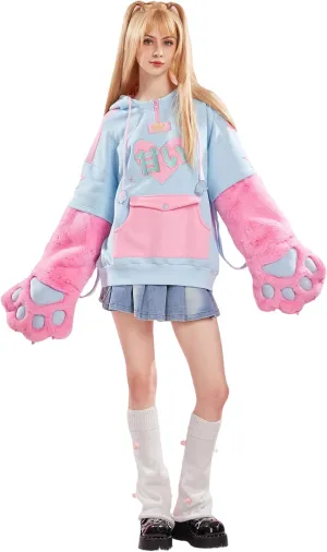 Women's Pullover Hoodie with Detachable Furry Cat Paw Gloves and Handbag Dual-purpose Designed Sleeve