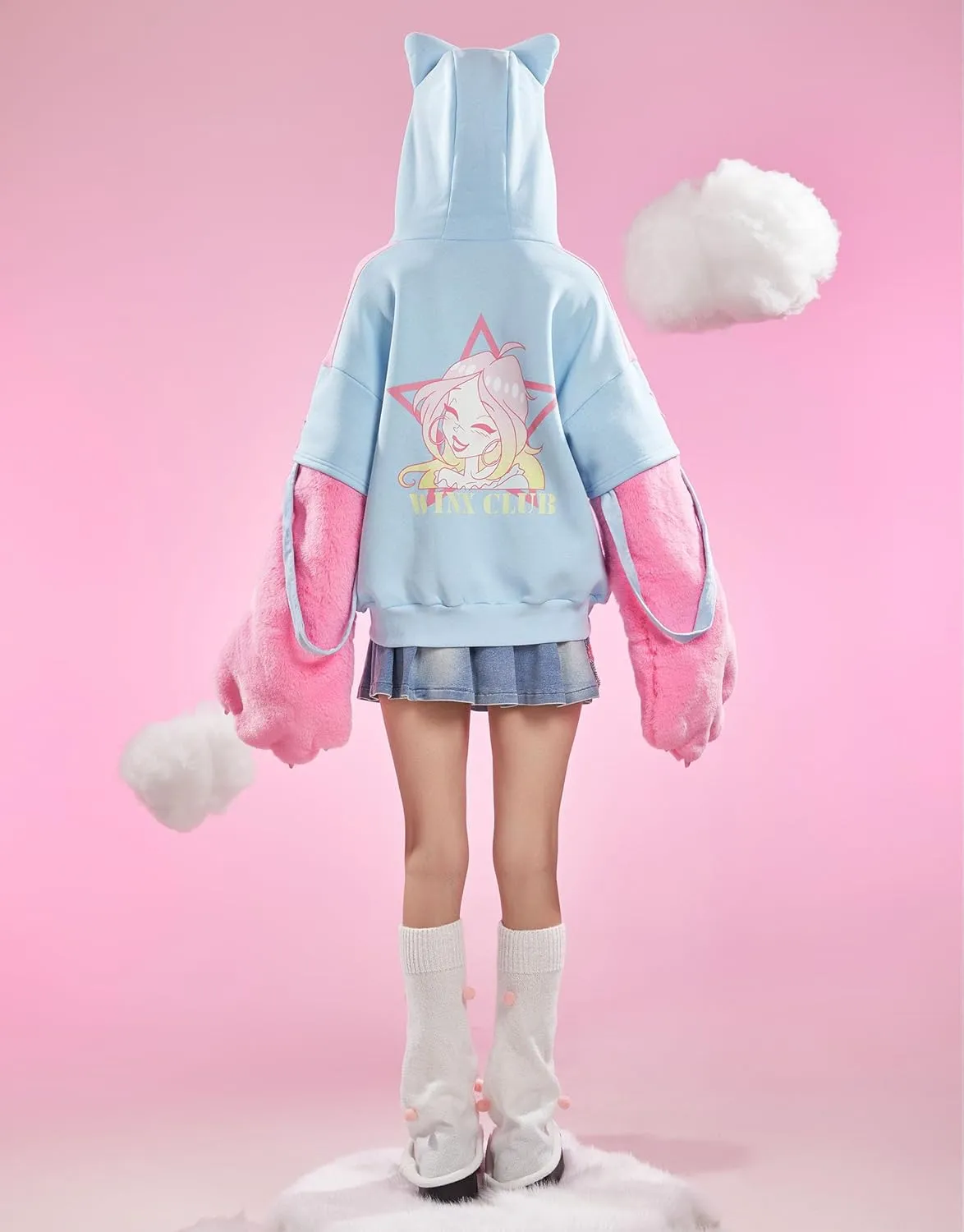 Women's Pullover Hoodie with Detachable Furry Cat Paw Gloves and Handbag Dual-purpose Designed Sleeve