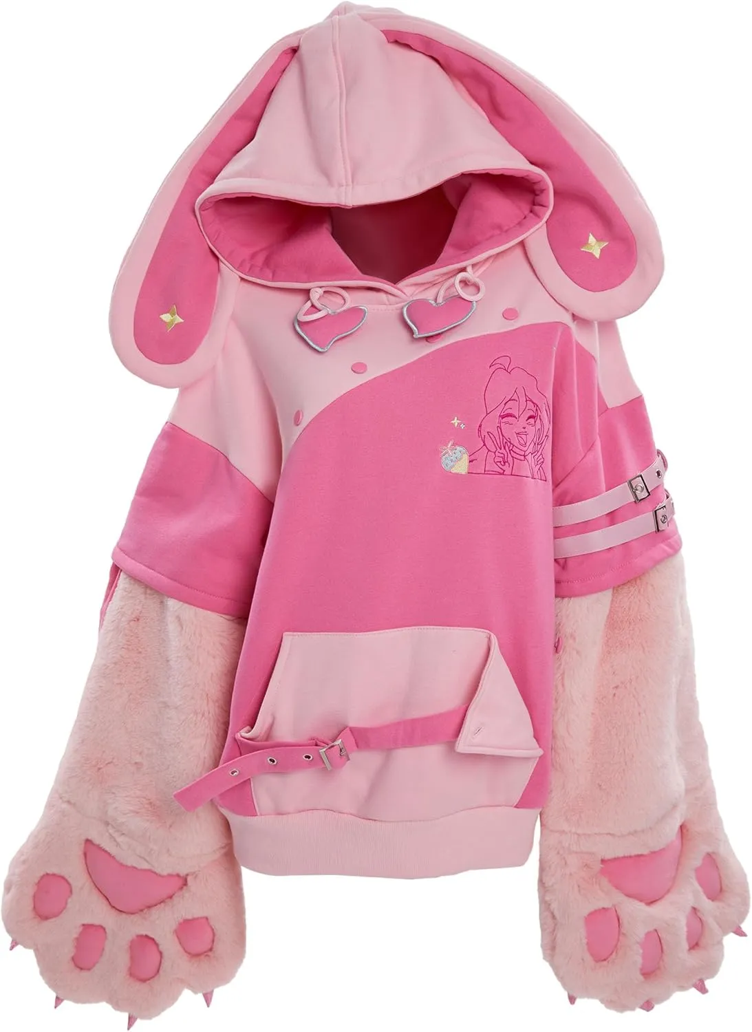 Women's Pullover Hoodie with Detachable Furry Cat Paw Gloves Cute Handbag Dual-purpose Designed Sleeve