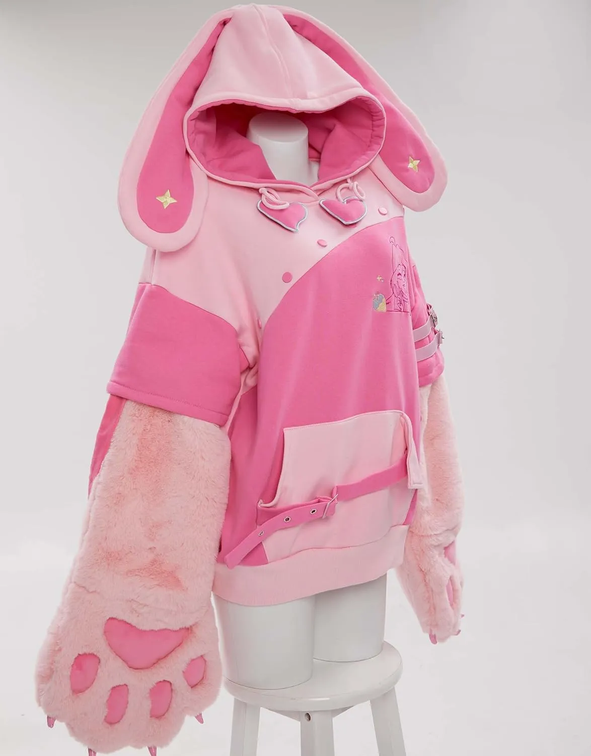 Women's Pullover Hoodie with Detachable Furry Cat Paw Gloves Cute Handbag Dual-purpose Designed Sleeve