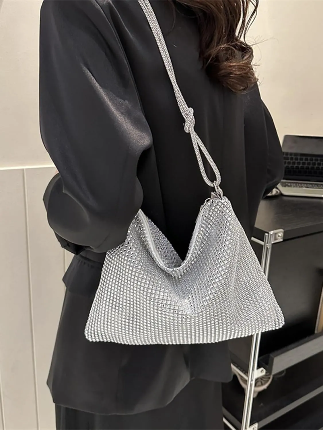 Women's Rhinestone Underarm Handbag Shiny Evening Shoulder Tote Bag
