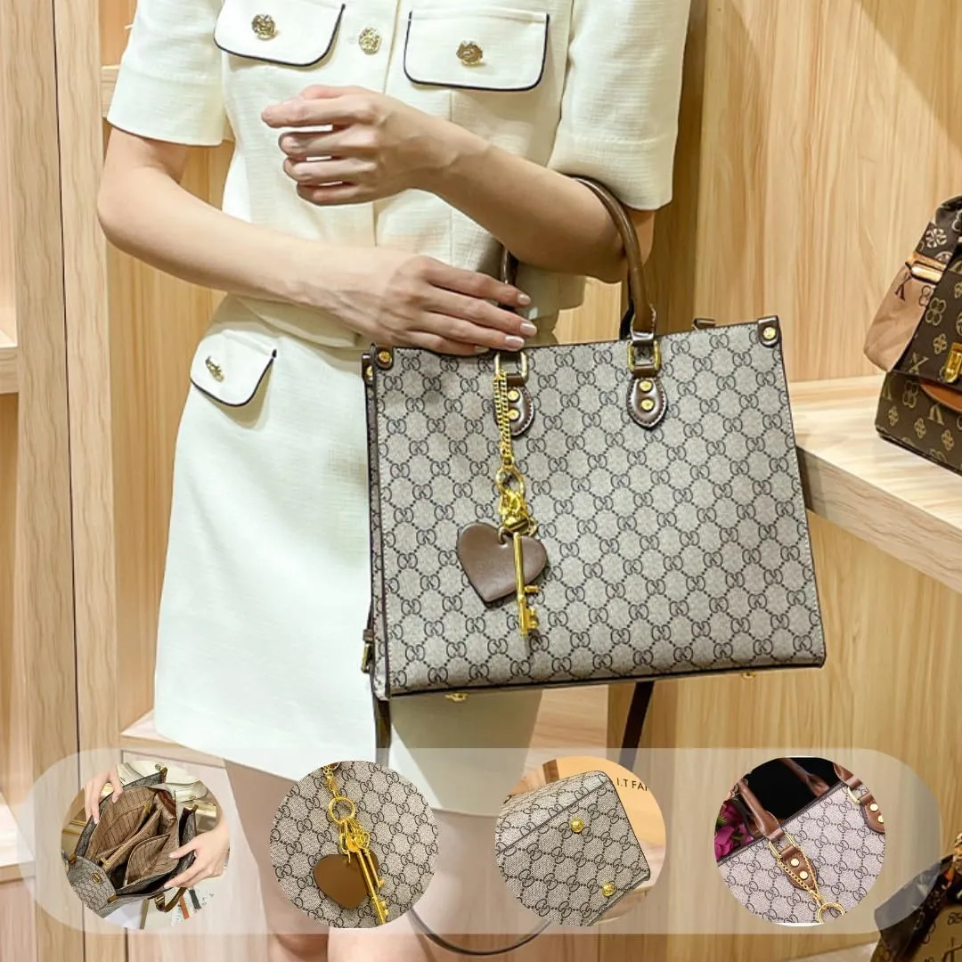 Women's Tote Bag Elegant Multi-Pocket Handbag with Heart Pendant, Spacious & Stylish for Work, Travel & Daily Use