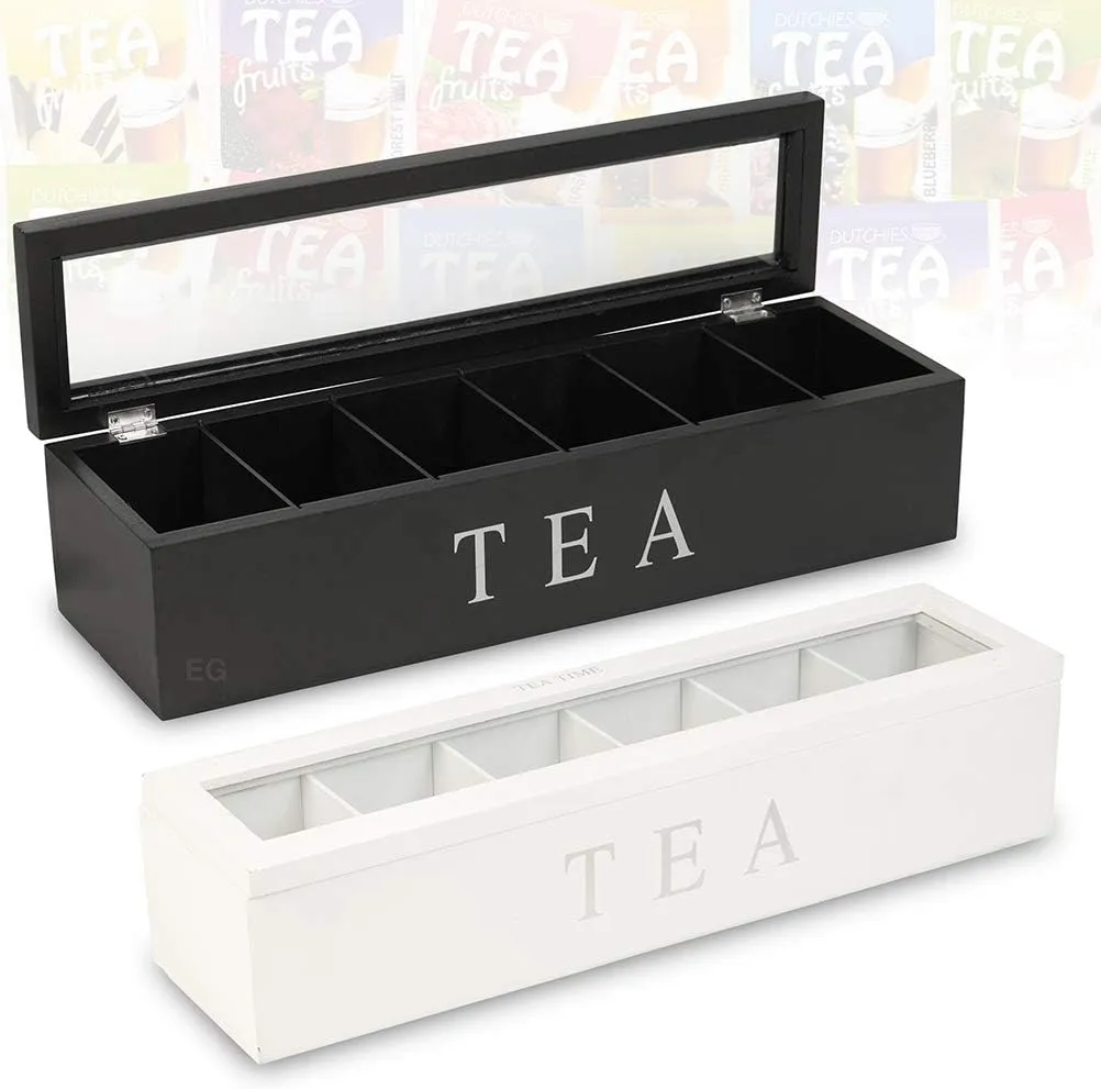 Wooden Tea Storage Box with 5 Slots, 6 Compartment Tea Bag Storage Box Retro Organizer for Tea Bags and Sugar Packets, Wood Home Decor (White)