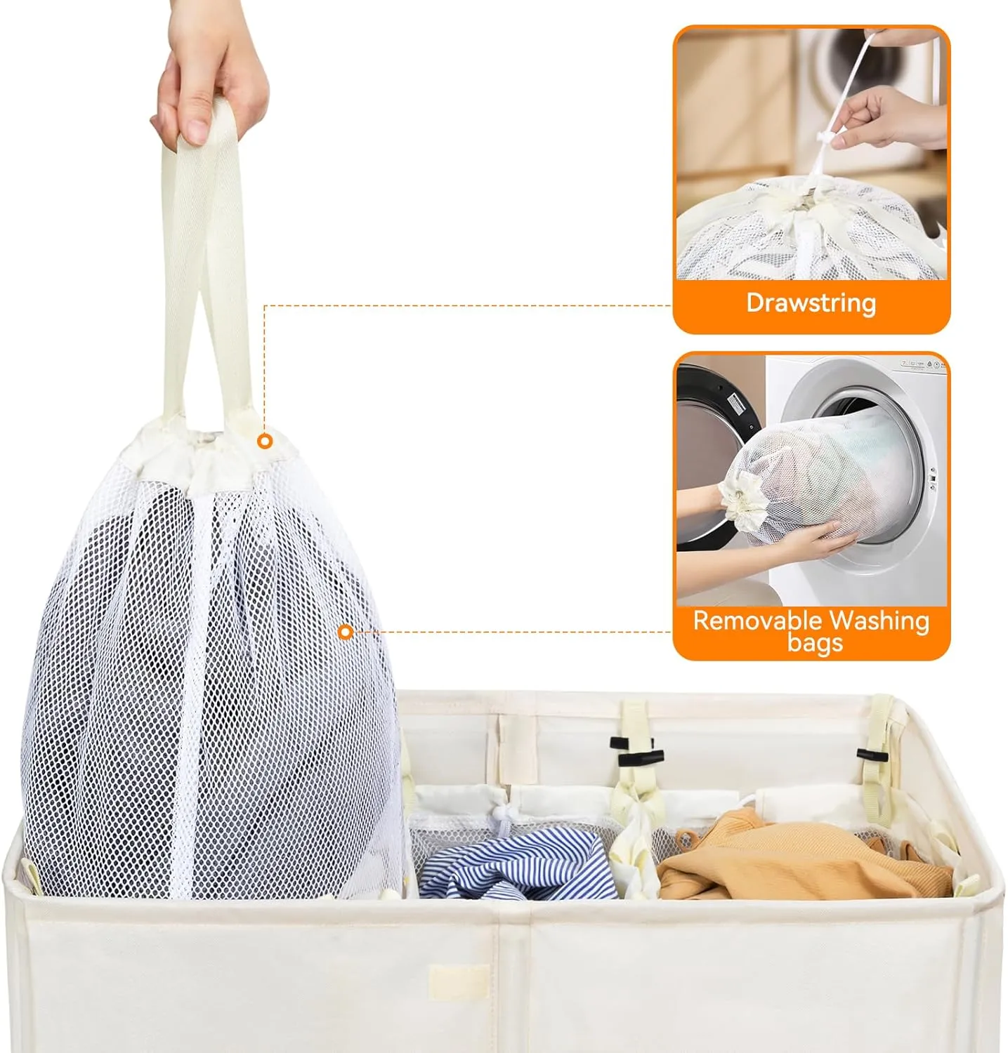 WOWLIVE Laundry Hamper with Lid,180L Large Laundry Basket 3 Section with Removable Washing Bags,Collapsible Waterproof Dirty Clothes Hamper for Laundry Room Bathroom Dorm,Beige