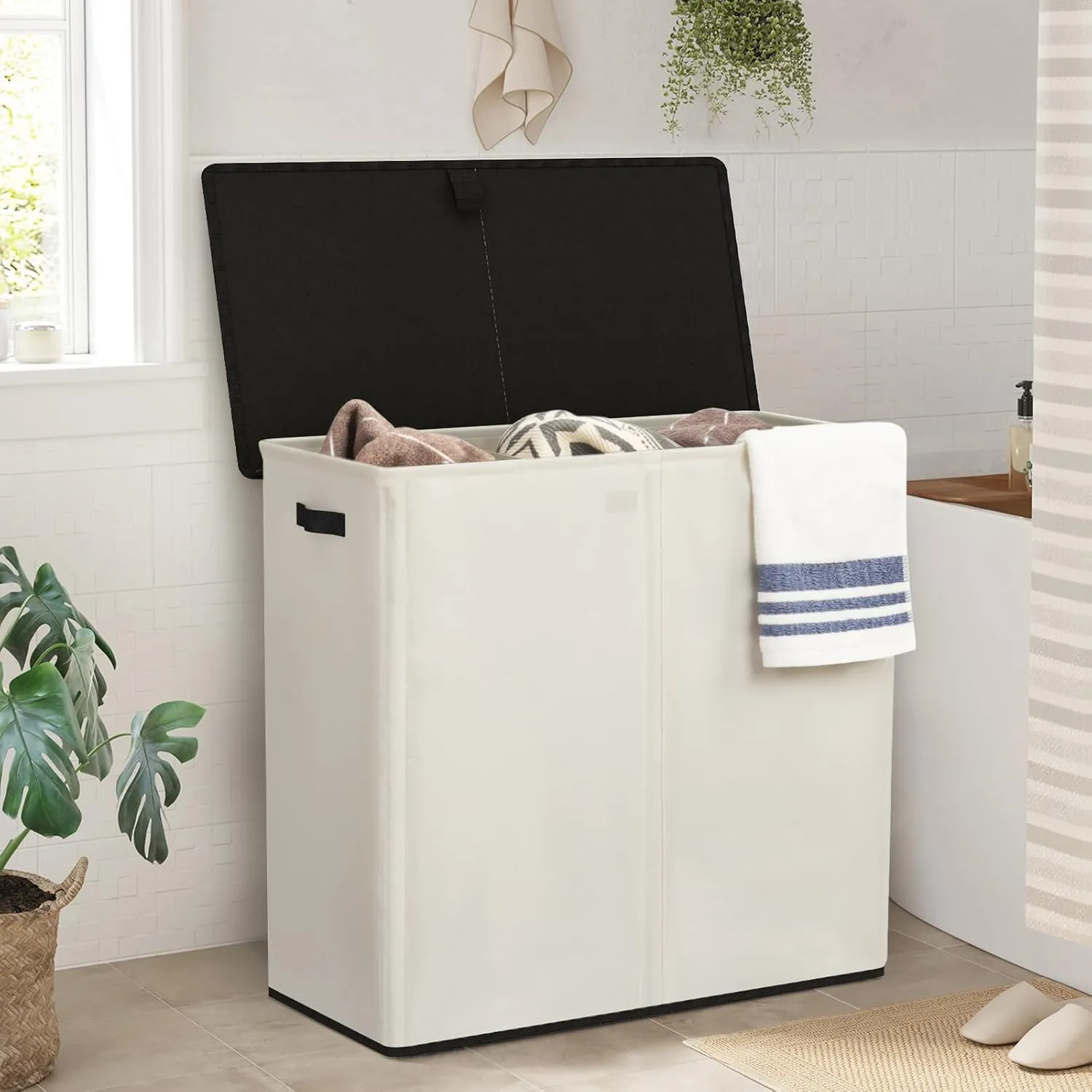WOWLIVE Laundry Hamper with Lid,180L Large Laundry Basket 3 Section with Removable Washing Bags,Collapsible Waterproof Dirty Clothes Hamper for Laundry Room Bathroom Dorm,Beige