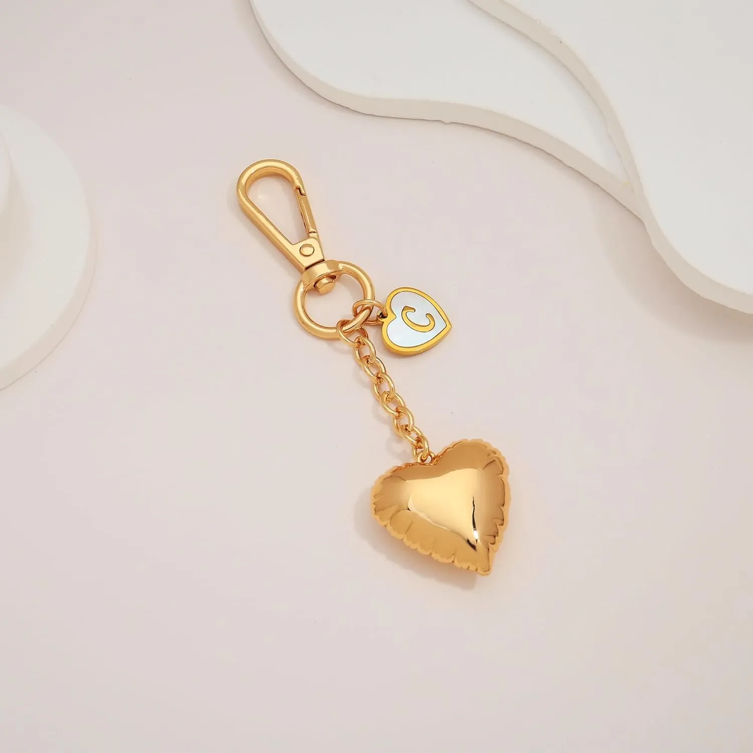 WOWORAMA Gold Heart Charm Keychain for Women Gold Initial Letter Bag Charm Chunky Puffy Heart Purse Charms Keyring