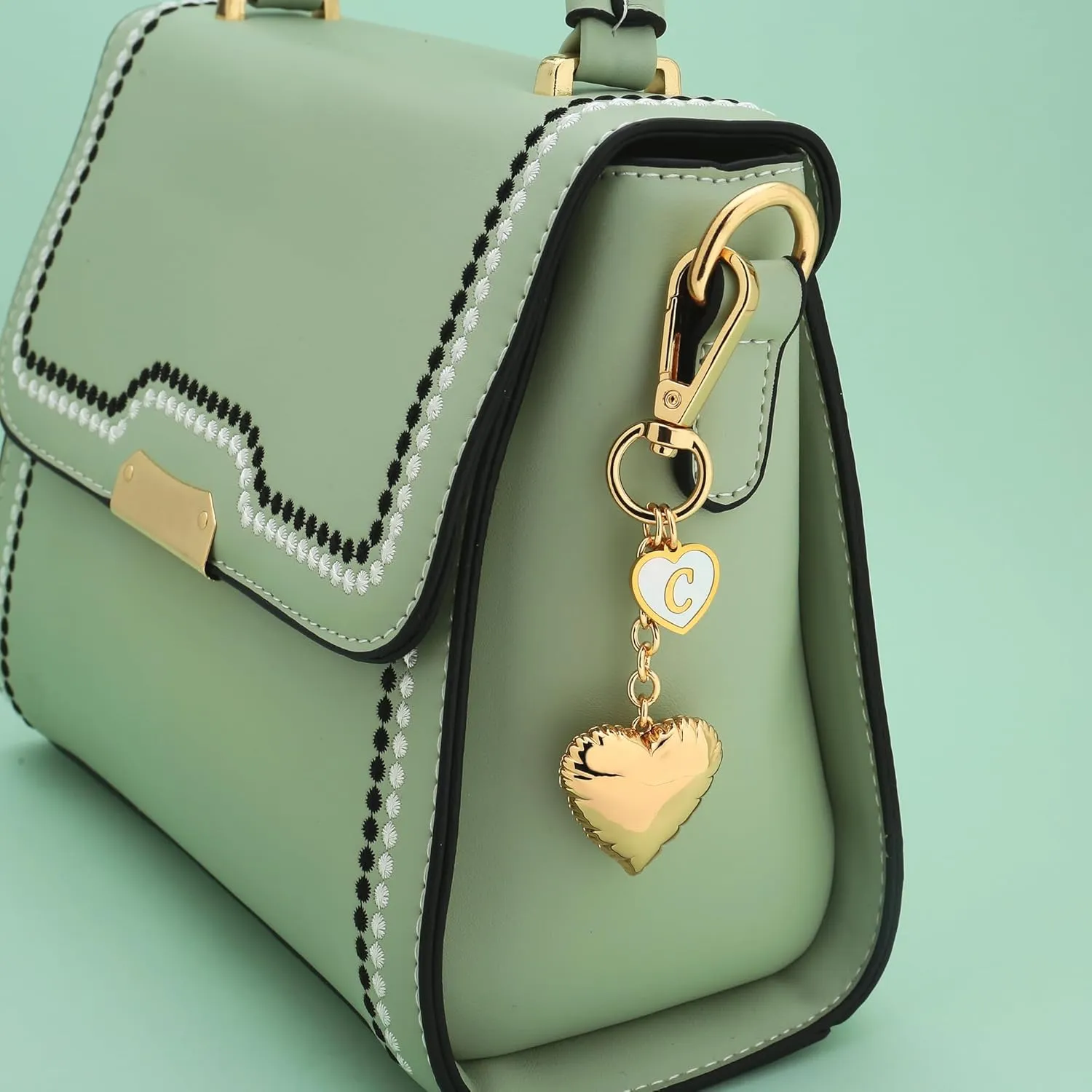 WOWORAMA Gold Heart Charm Keychain for Women Gold Initial Letter Bag Charm Chunky Puffy Heart Purse Charms Keyring