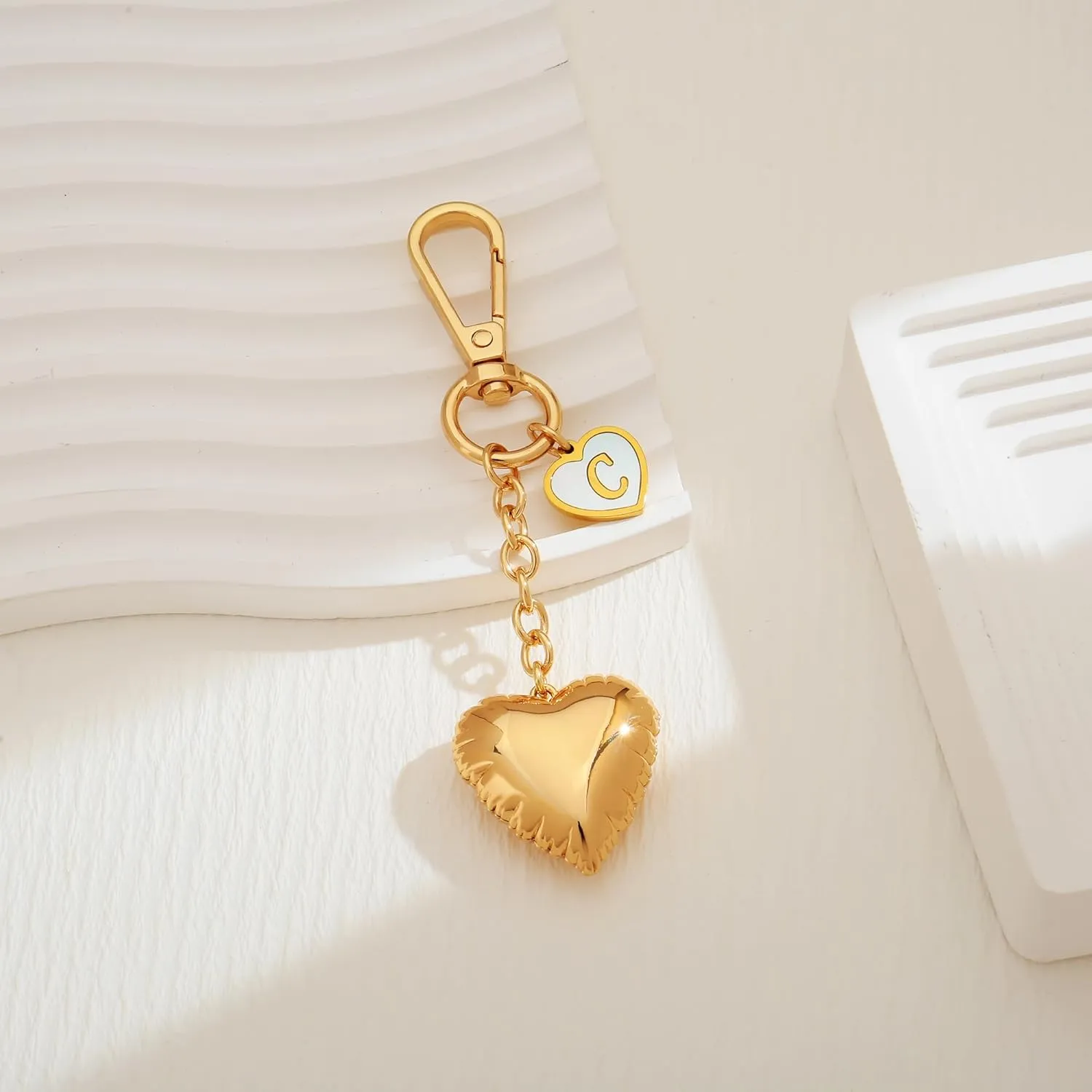 WOWORAMA Gold Heart Charm Keychain for Women Gold Initial Letter Bag Charm Chunky Puffy Heart Purse Charms Keyring