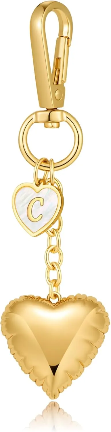 WOWORAMA Gold Heart Charm Keychain for Women Gold Initial Letter Bag Charm Chunky Puffy Heart Purse Charms Keyring