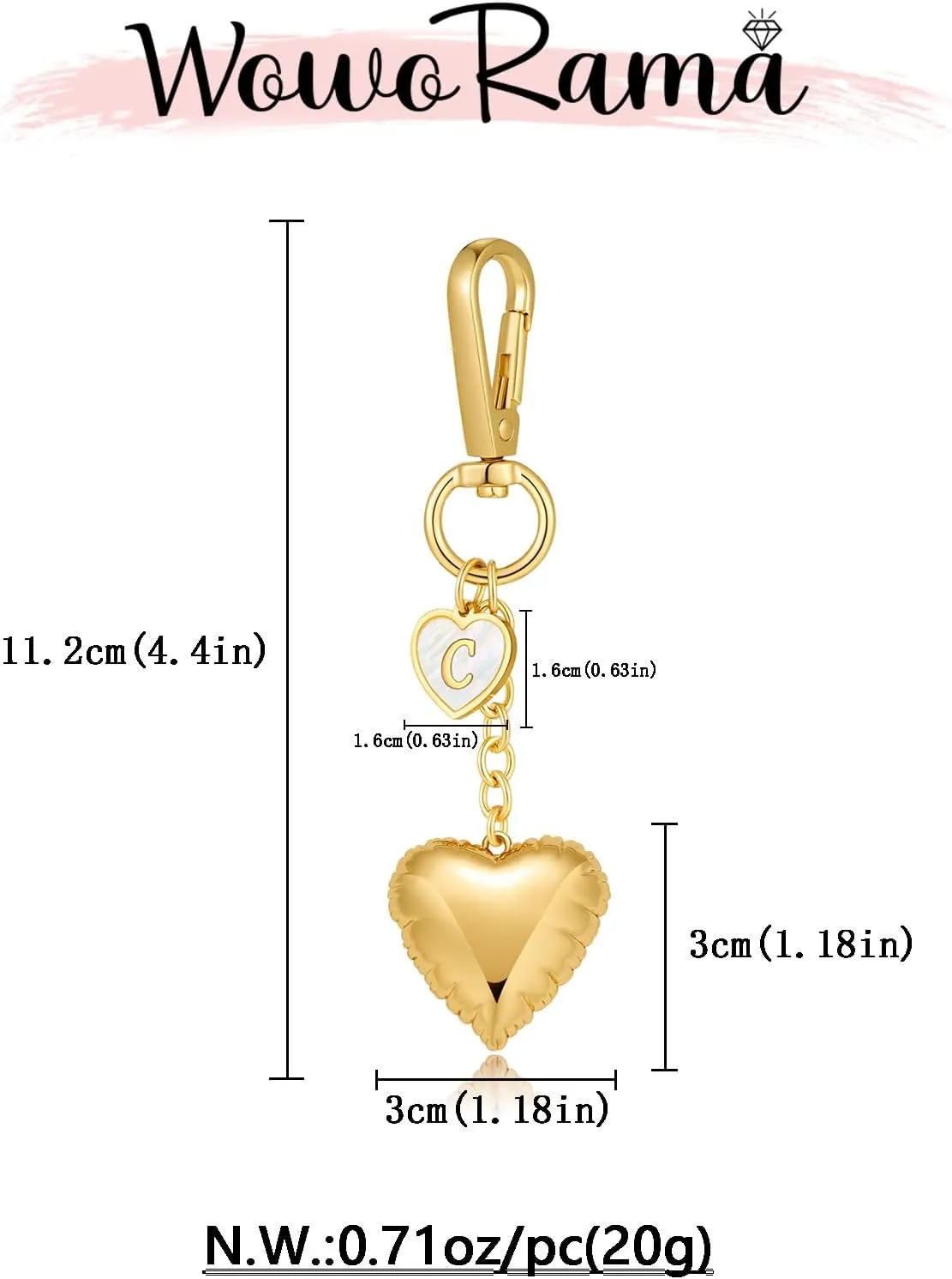 WOWORAMA Gold Heart Charm Keychain for Women Gold Initial Letter Bag Charm Chunky Puffy Heart Purse Charms Keyring