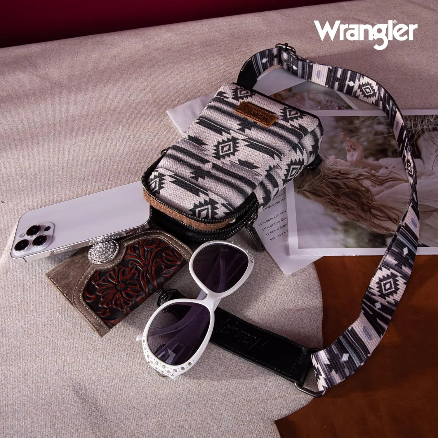 Wrangler Aztec Crossbody Sling Bags for Women Southwestern Print Purse with Detachable Strap