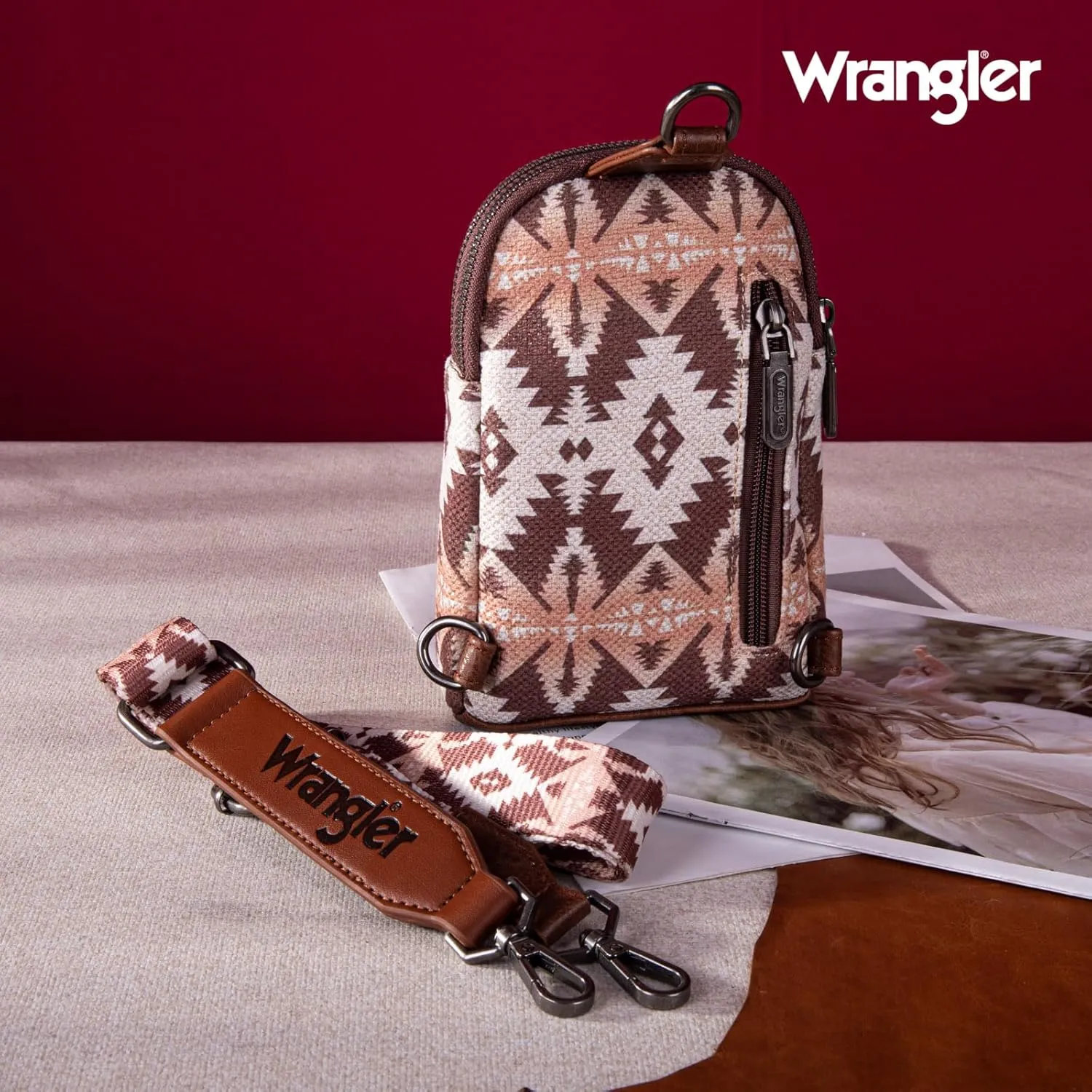 Wrangler Aztec Crossbody Sling Bags for Women Southwestern Print Purse with Detachable Strap