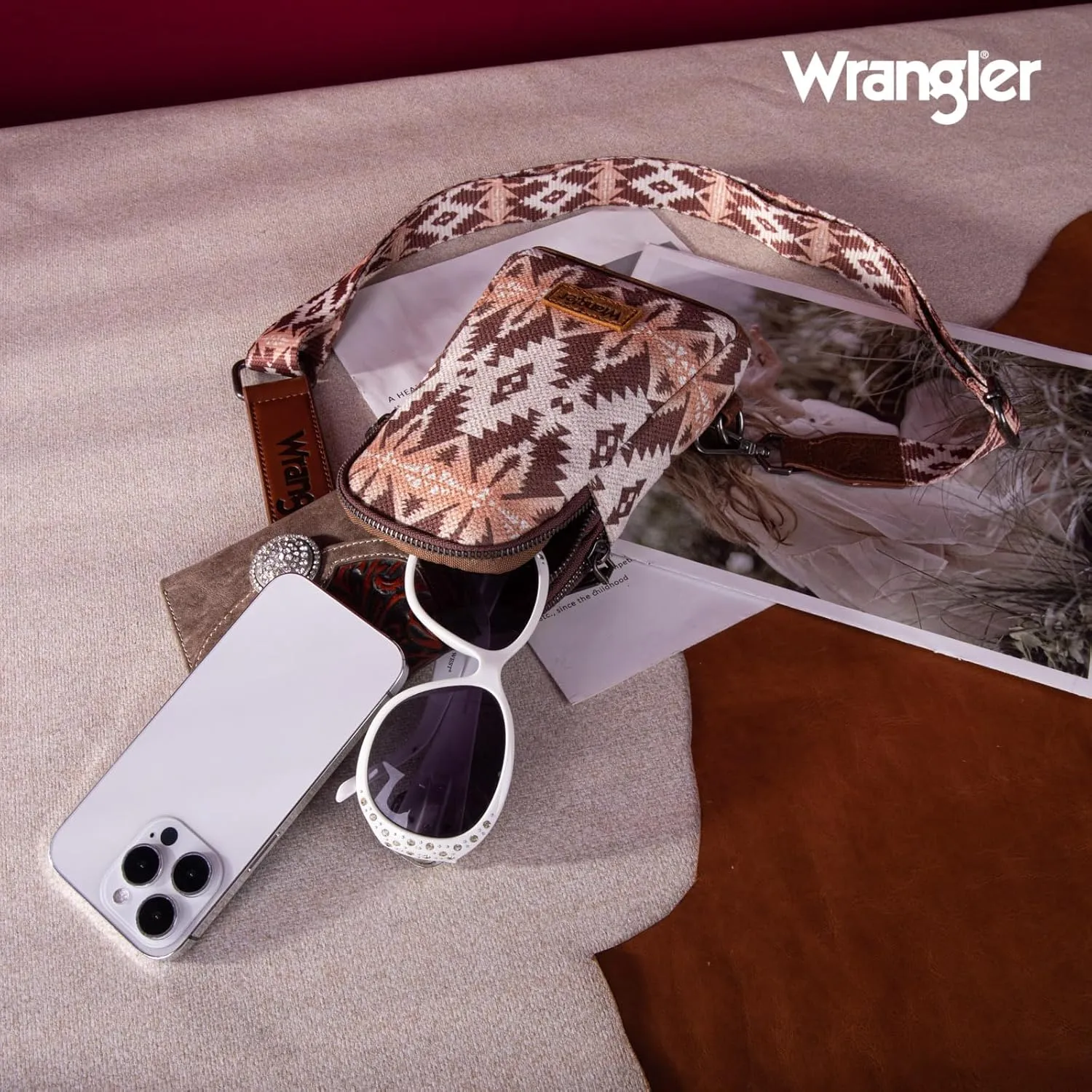 Wrangler Aztec Crossbody Sling Bags for Women Southwestern Print Purse with Detachable Strap