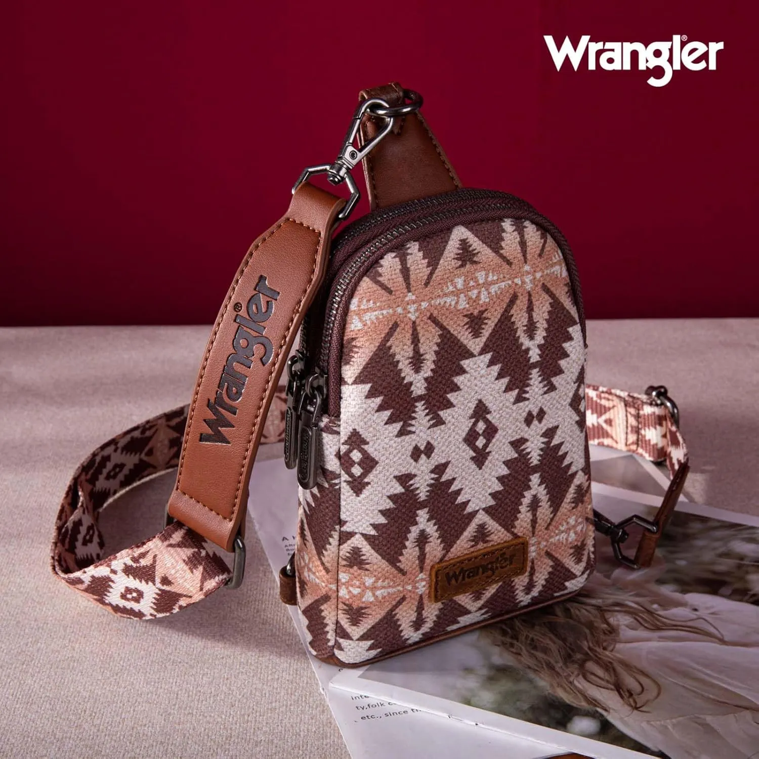Wrangler Aztec Crossbody Sling Bags for Women Southwestern Print Purse with Detachable Strap
