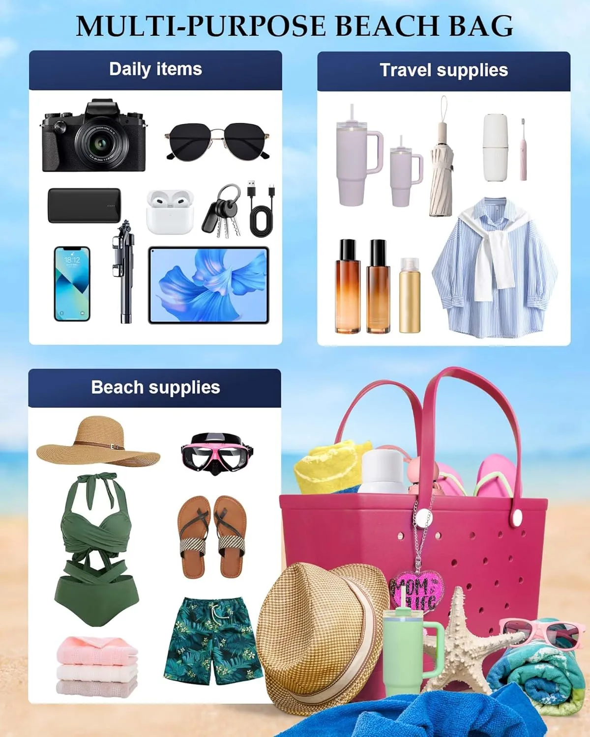 X-Large Beach Rubber Tote Bag with Charms, Women Waterproof Original Handbag for Outdoor Modern Travel Sports