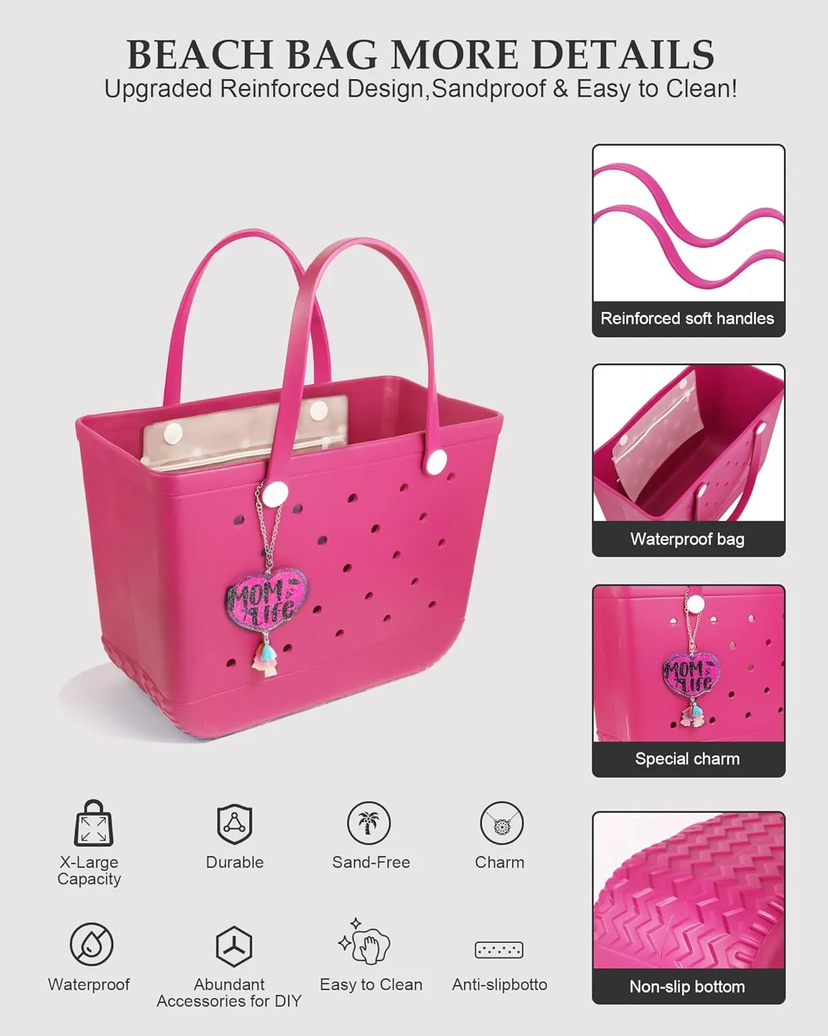 X-Large Beach Rubber Tote Bag with Charms, Women Waterproof Original Handbag for Outdoor Modern Travel Sports