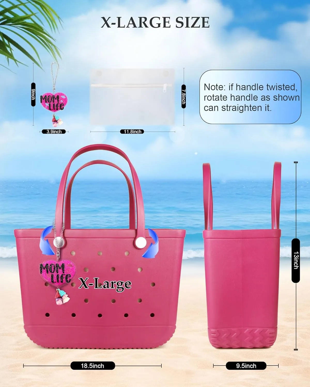 X-Large Beach Rubber Tote Bag with Charms, Women Waterproof Original Handbag for Outdoor Modern Travel Sports