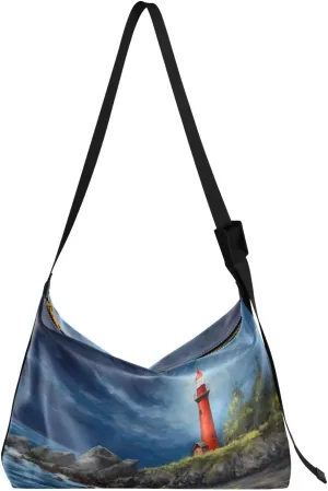 xigua Oil Painting Lighthouse Shoulder Bag for Women Waterproof PU Leather Hobo Bags Crossbody Purse with Zipper Closure