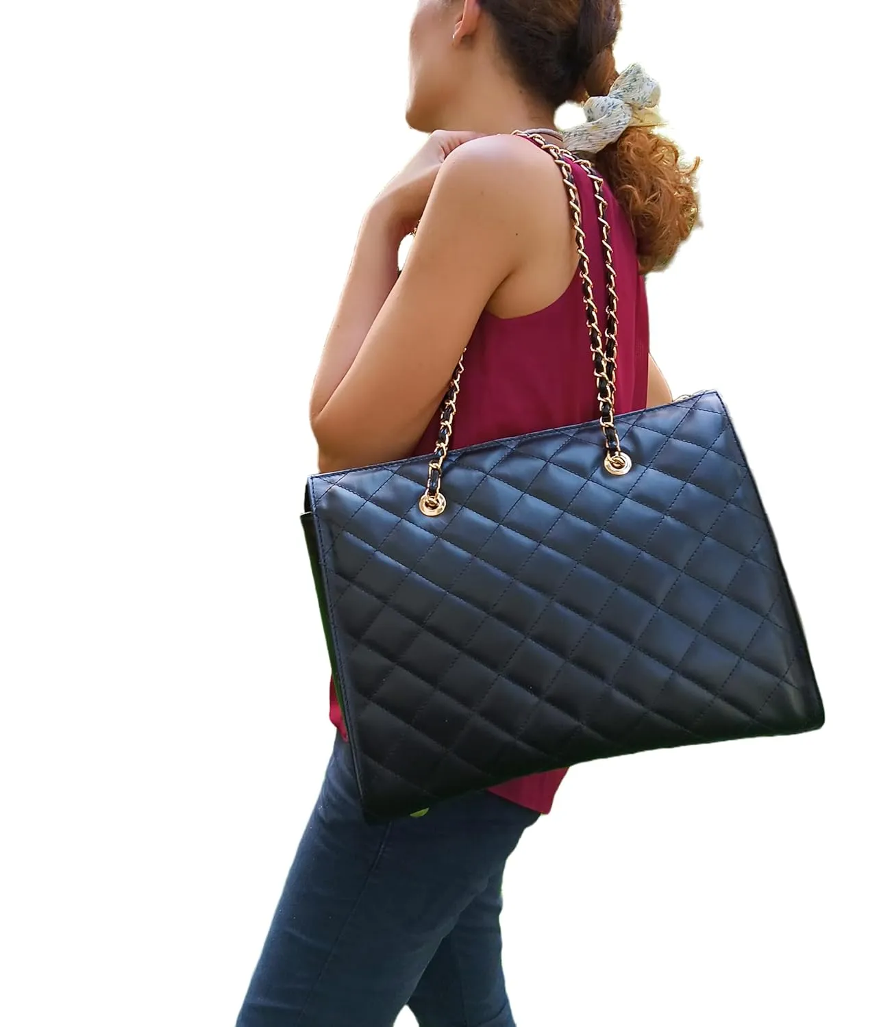 XL DIAMONDS Genuine Leather Shoulder Bag, Quilted Elegant Shopper Bag, Minimalist Office Bag, Iconic Black Shopping Bag, Eternal Fashion Bag (Red)