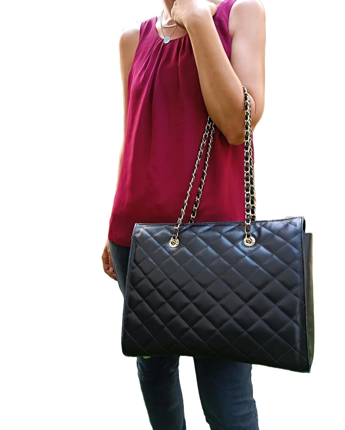 XL DIAMONDS Genuine Leather Shoulder Bag, Quilted Elegant Shopper Bag, Minimalist Office Bag, Iconic Black Shopping Bag, Eternal Fashion Bag (Red)