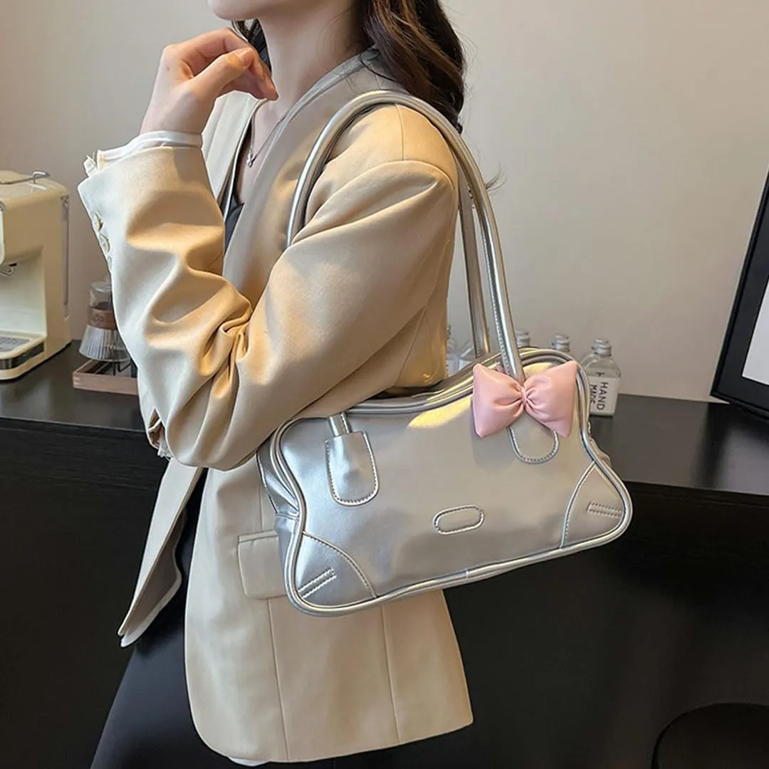 Y2k Bow Tote Bag for Women Aesthetic Shoulder Bag Handbag Faux Leather Hobo Bag Aesthetic Underarm Trendy Purse