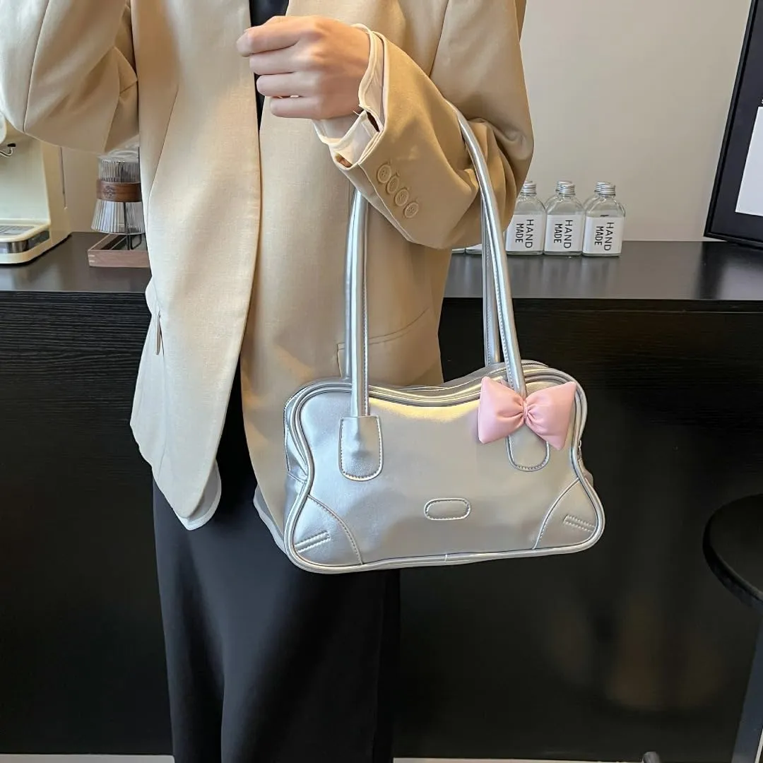Y2k Bow Tote Bag for Women Aesthetic Shoulder Bag Handbag Faux Leather Hobo Bag Aesthetic Underarm Trendy Purse
