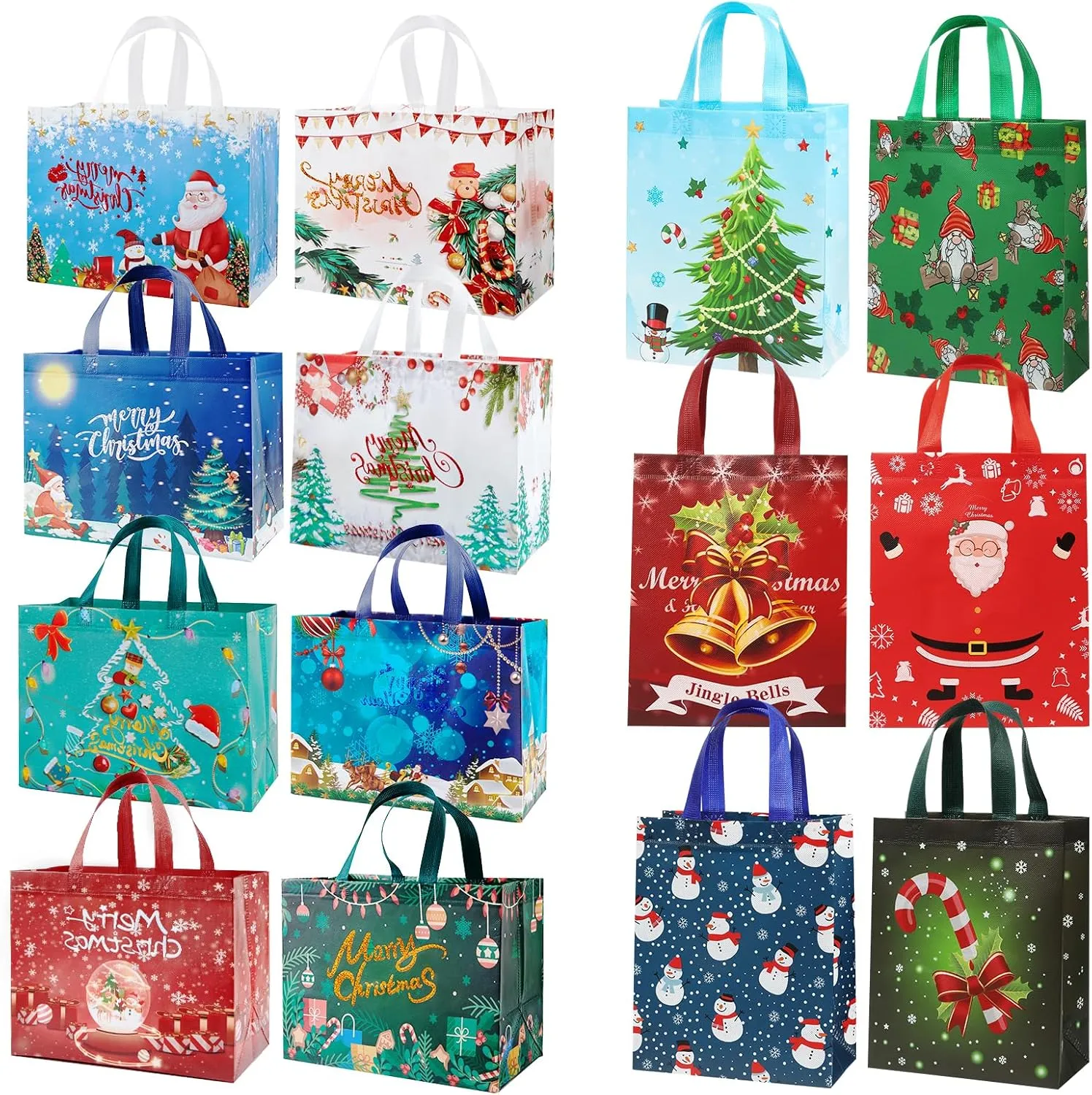 YANGTE 32 Pack Christmas Gift Bags Assorted Sizes, 14 Styles Reusable Tote Bags with Handle, Includes 8 Large 24 Small Non-Woven Christmas Bags for Xmas Party Favors