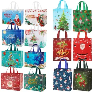 YANGTE 32 Pack Christmas Gift Bags Assorted Sizes, 14 Styles Reusable Tote Bags with Handle, Includes 8 Large 24 Small Non-Woven Christmas Bags for Xmas Party Favors