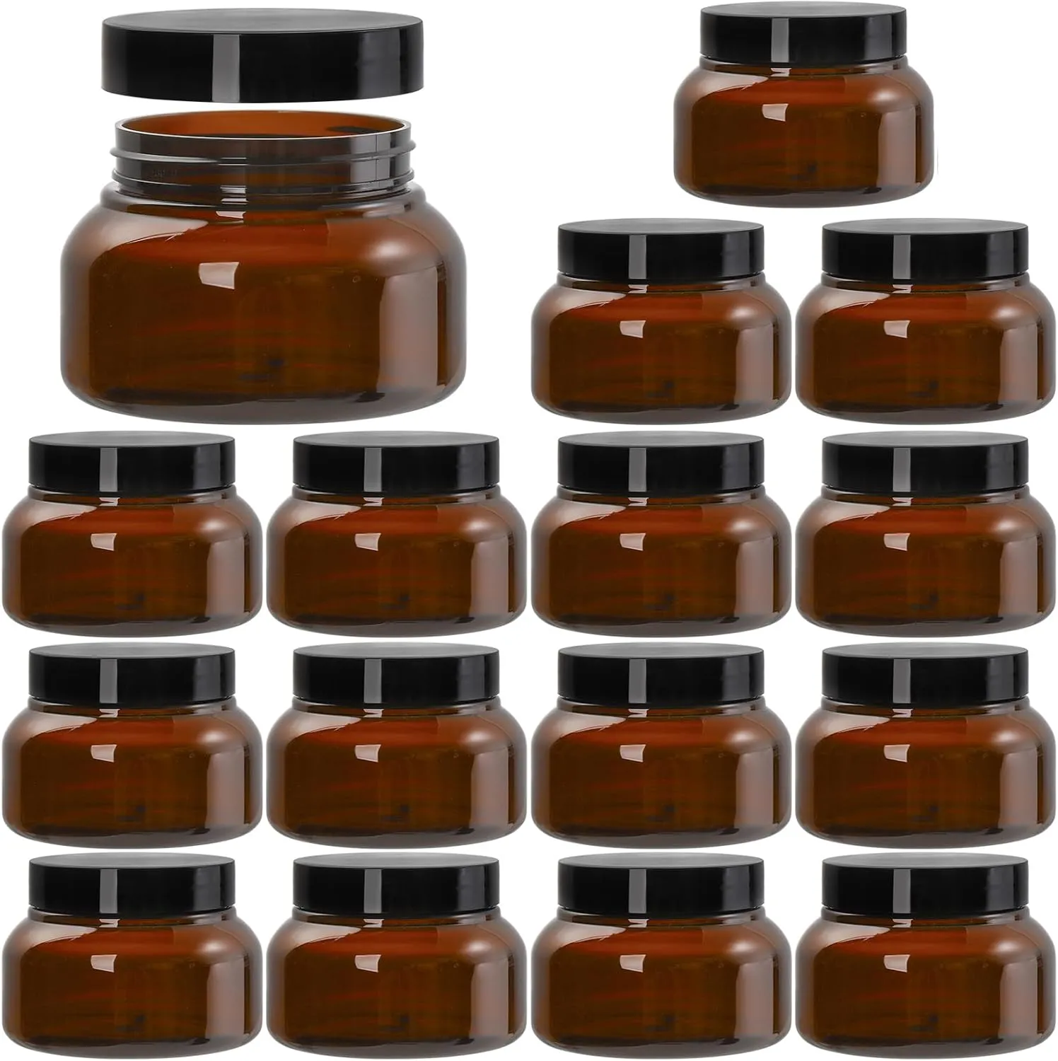Yarlung 16 Pack 8 Oz Plastic Containers with Lids, Brown Body Butter Containers Empty Refillable, Amber Body Scrub Jars Round Low Profile Samples Jars for Lotion, Sugar Scrub, Cream