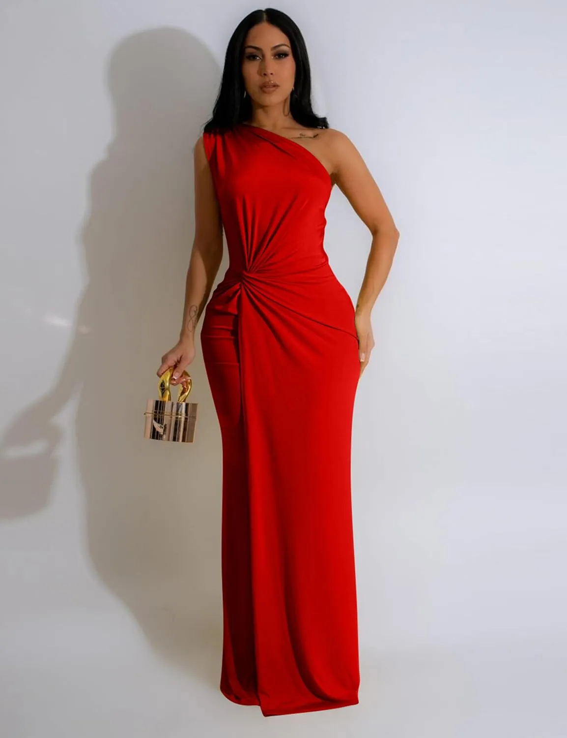 YMDUCH Women's Elegant One Shoulder Sleeveless Twist Waist Bodycon Party Long Dress