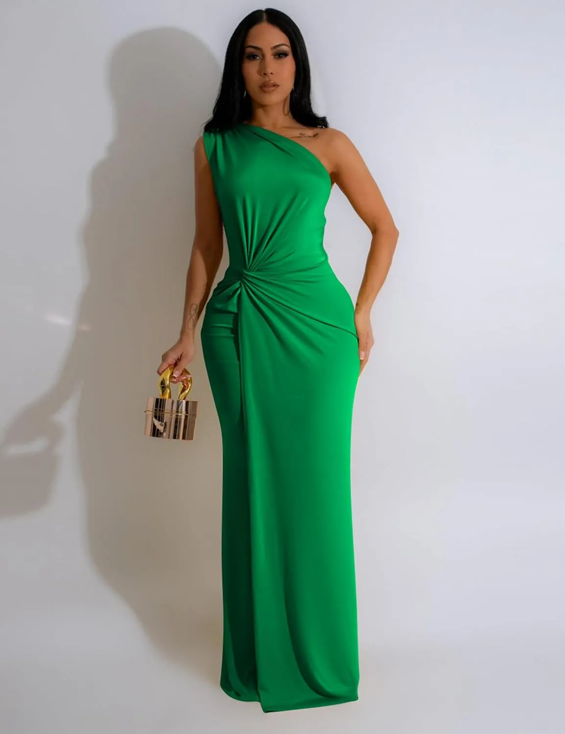 YMDUCH Women's Elegant One Shoulder Sleeveless Twist Waist Bodycon Party Long Dress