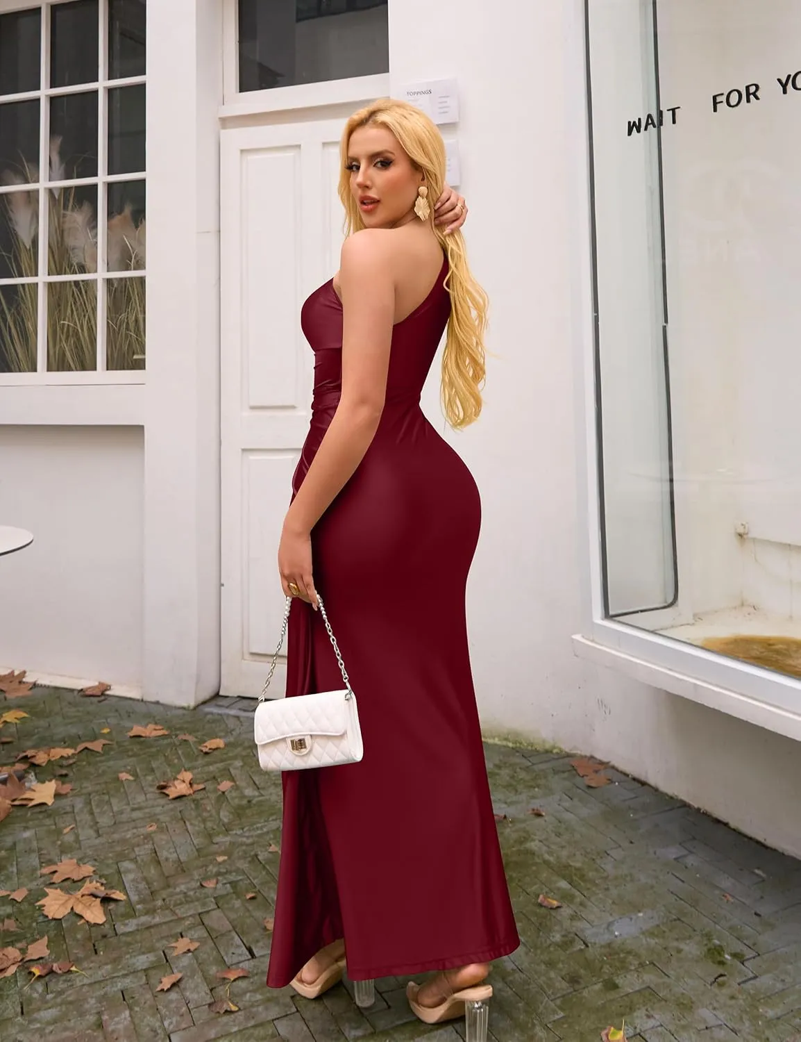 YMDUCH Women's Elegant One Shoulder Sleeveless Twist Waist Bodycon Party Long Dress