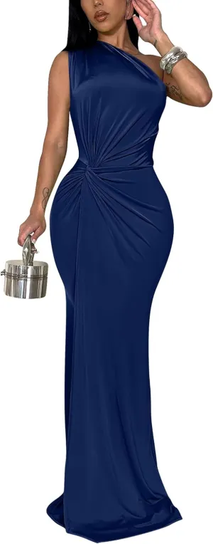 YMDUCH Women's Elegant One Shoulder Sleeveless Twist Waist Bodycon Party Long Dress