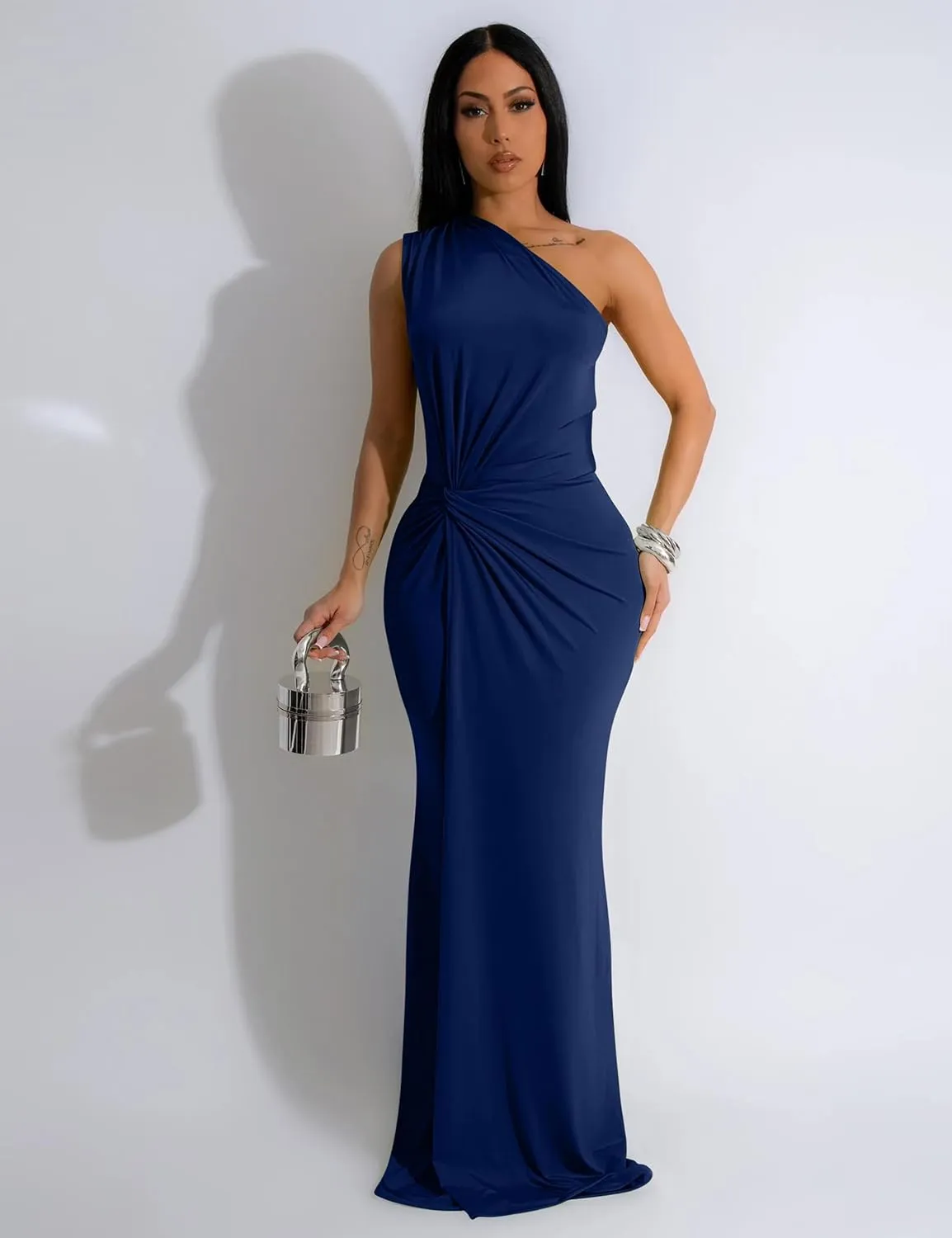YMDUCH Women's Elegant One Shoulder Sleeveless Twist Waist Bodycon Party Long Dress