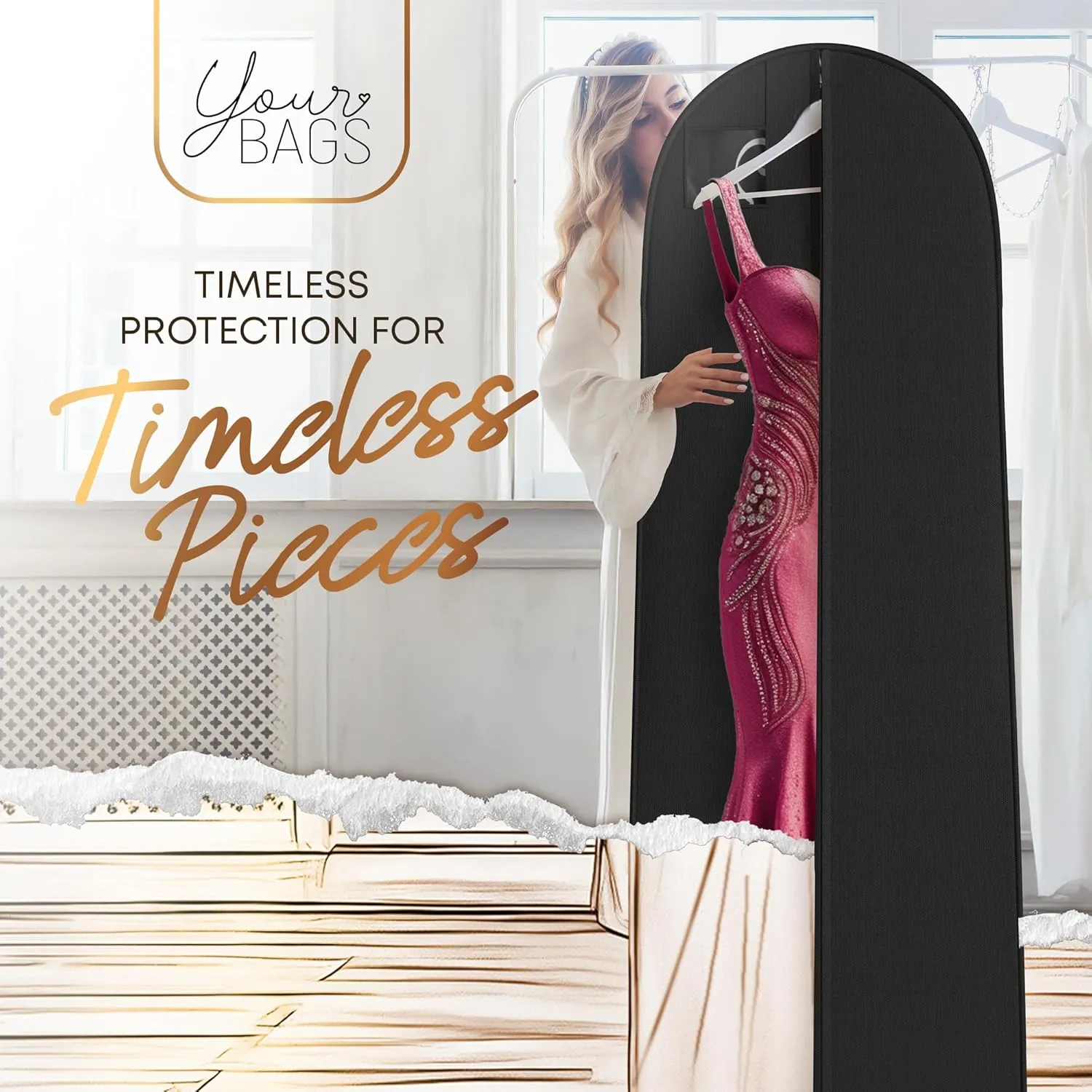 Your Bags Women’s Dress and Gown Garment Bag -72”x24” and 10” Tapered Gusset Prom Bags (Tiffany/Black Dress Print)