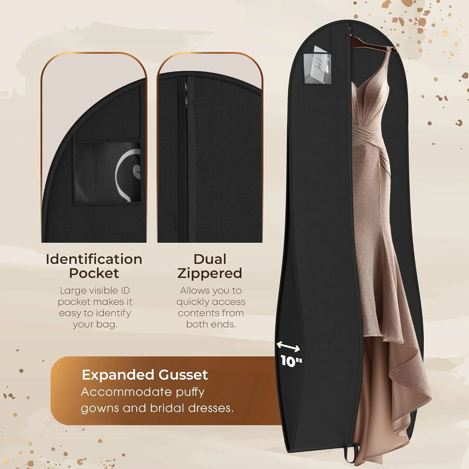 Your Bags Women’s Dress and Gown Garment Bag -72”x24” and 10” Tapered Gusset Prom Bags (Tiffany/Black Dress Print)