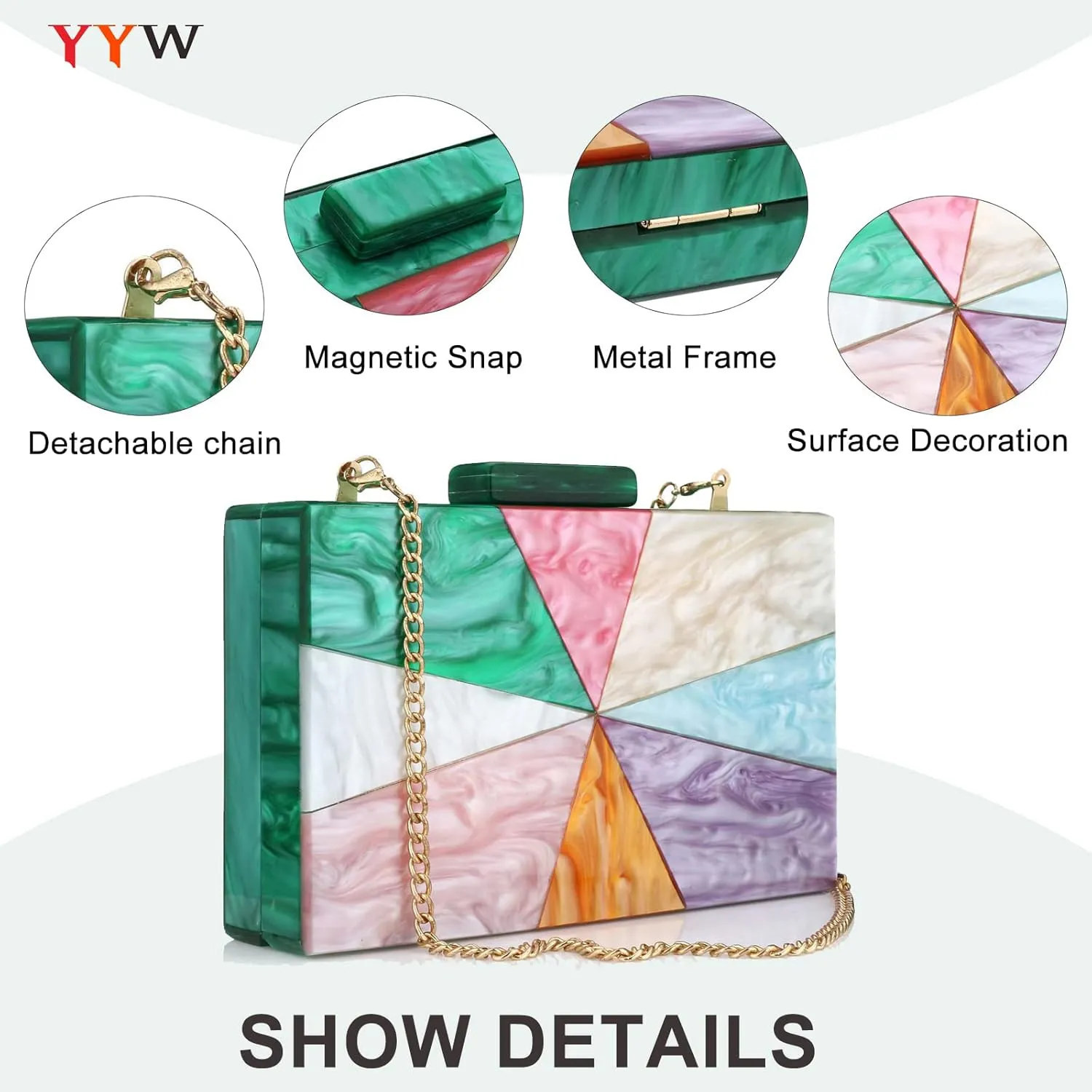 YYW Acrylic Clutch Purses for Women Wedding : Multicolor Evening Crossbody Bag Marbling Handbags with Detachable Chain